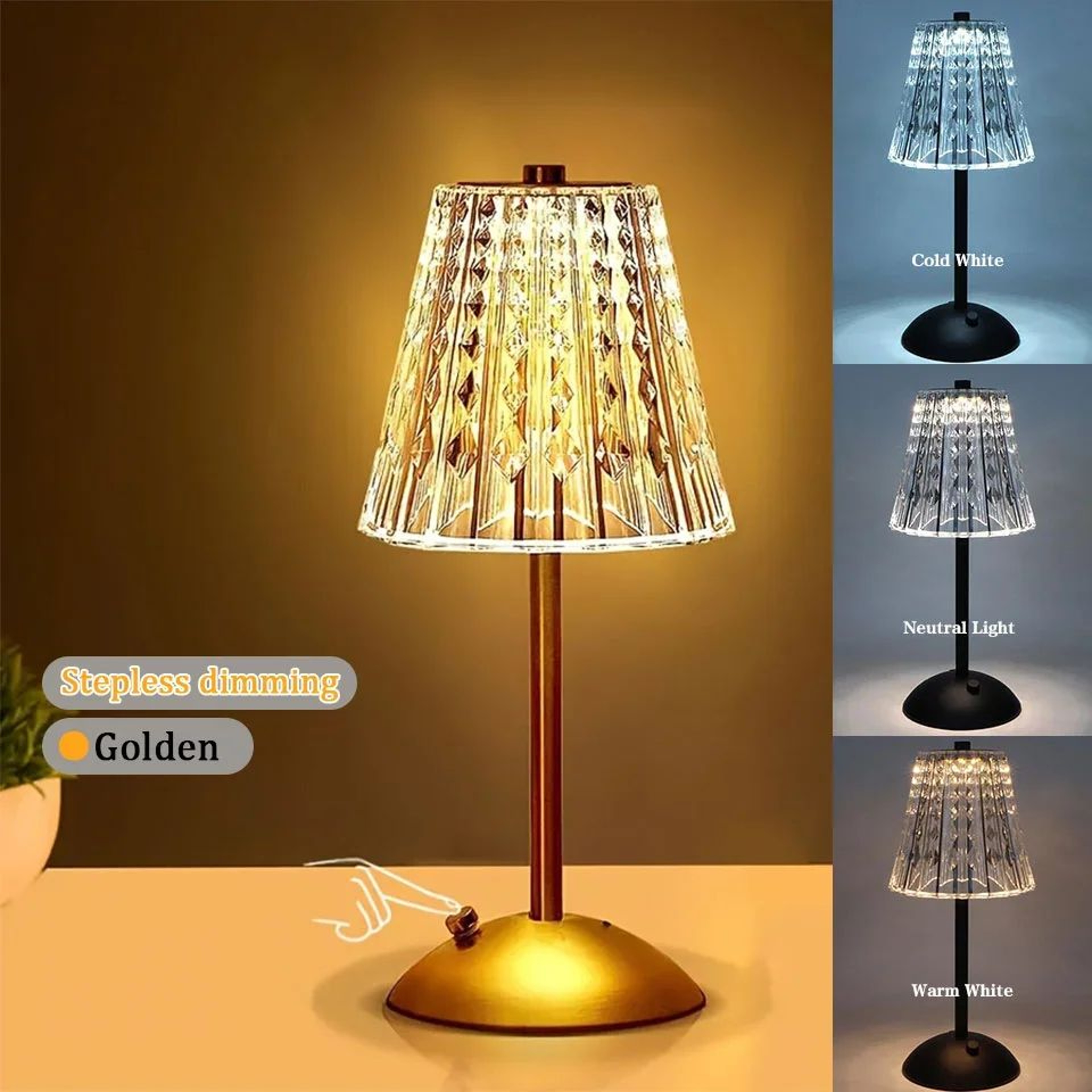 LuxeGlow Crystal LED Rechargeable Table Lamp With Touch Control 3 Light Colors  4W LED 8