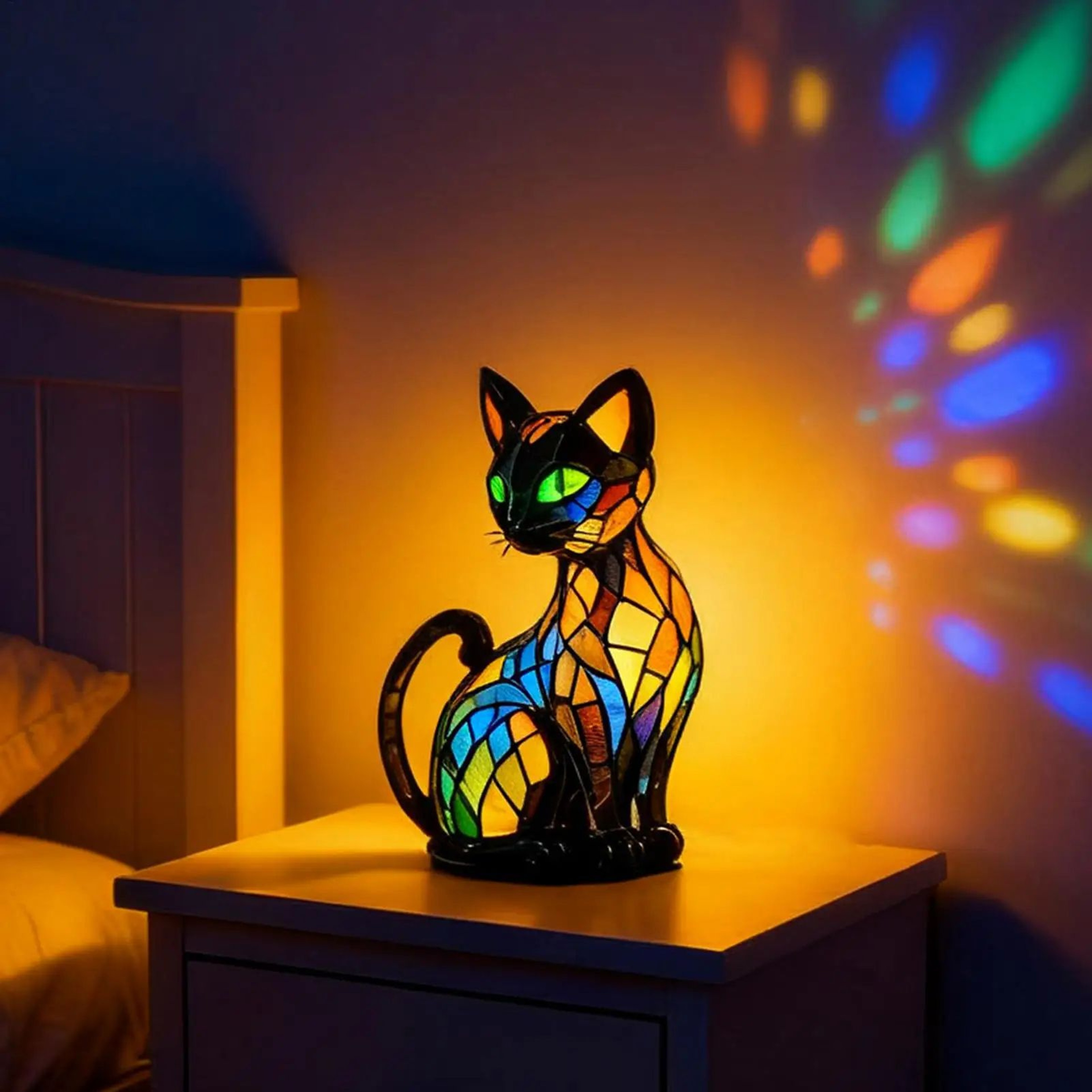 Colorful Stained Resin Cat Night Light LED Table Lamp For Bedroom  Home Decor 5