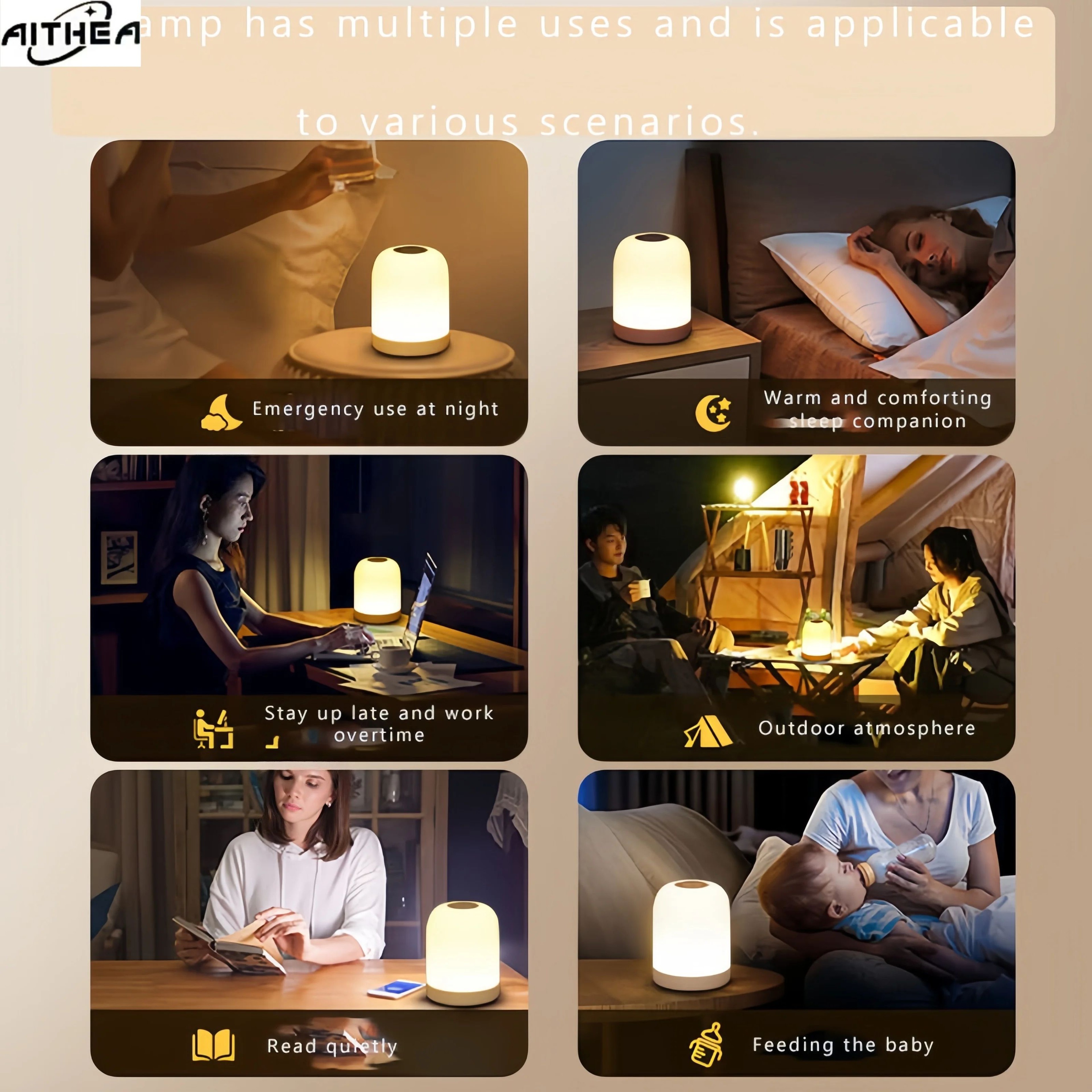 AITHEA LED Night Light Touch Bedside Lamp  3Color Dimmable Table Lamp With USB Rechargeable Design 3