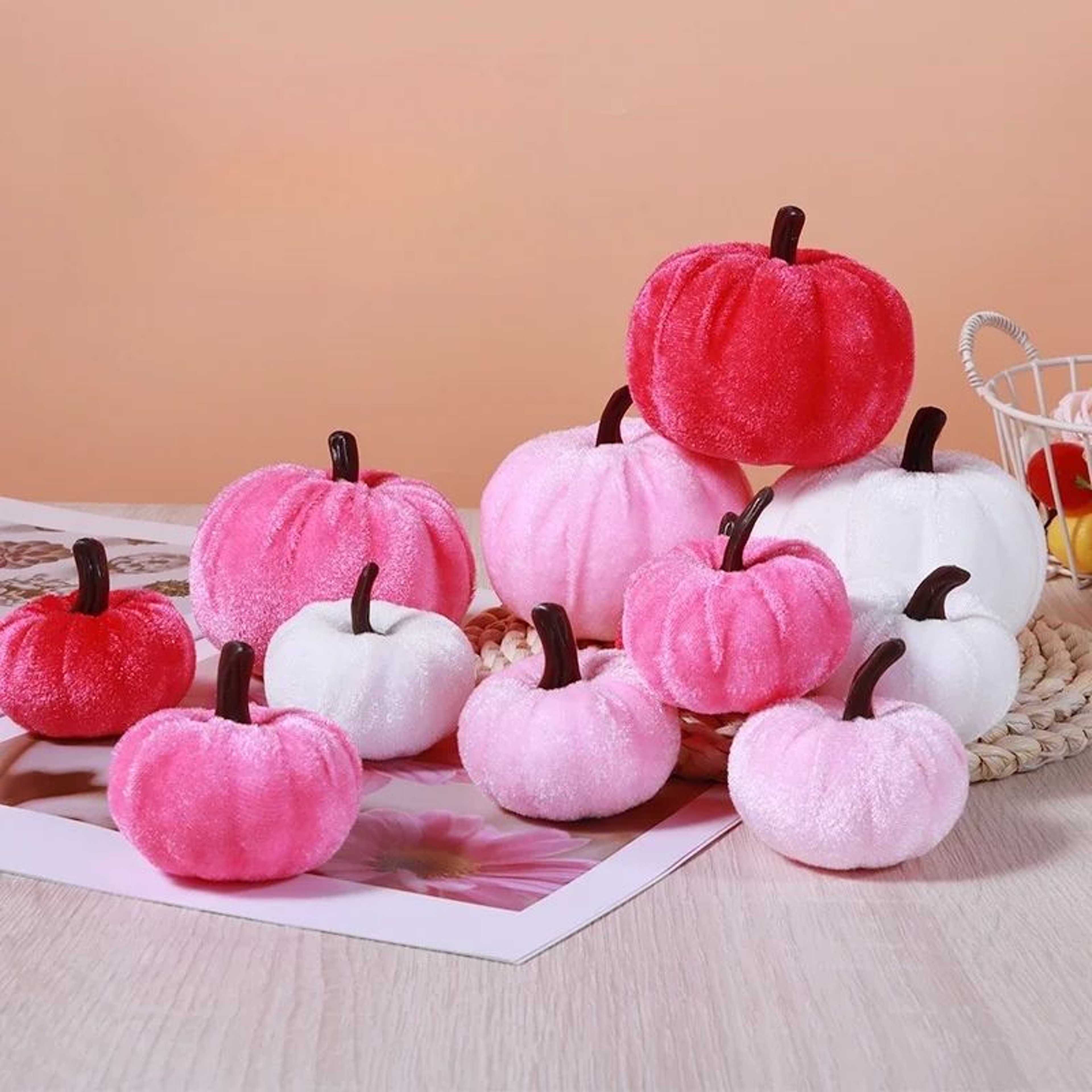 5Piece Pink Velvet Pumpkins For Fall Table Decor  Thanksgiving Decorations 0