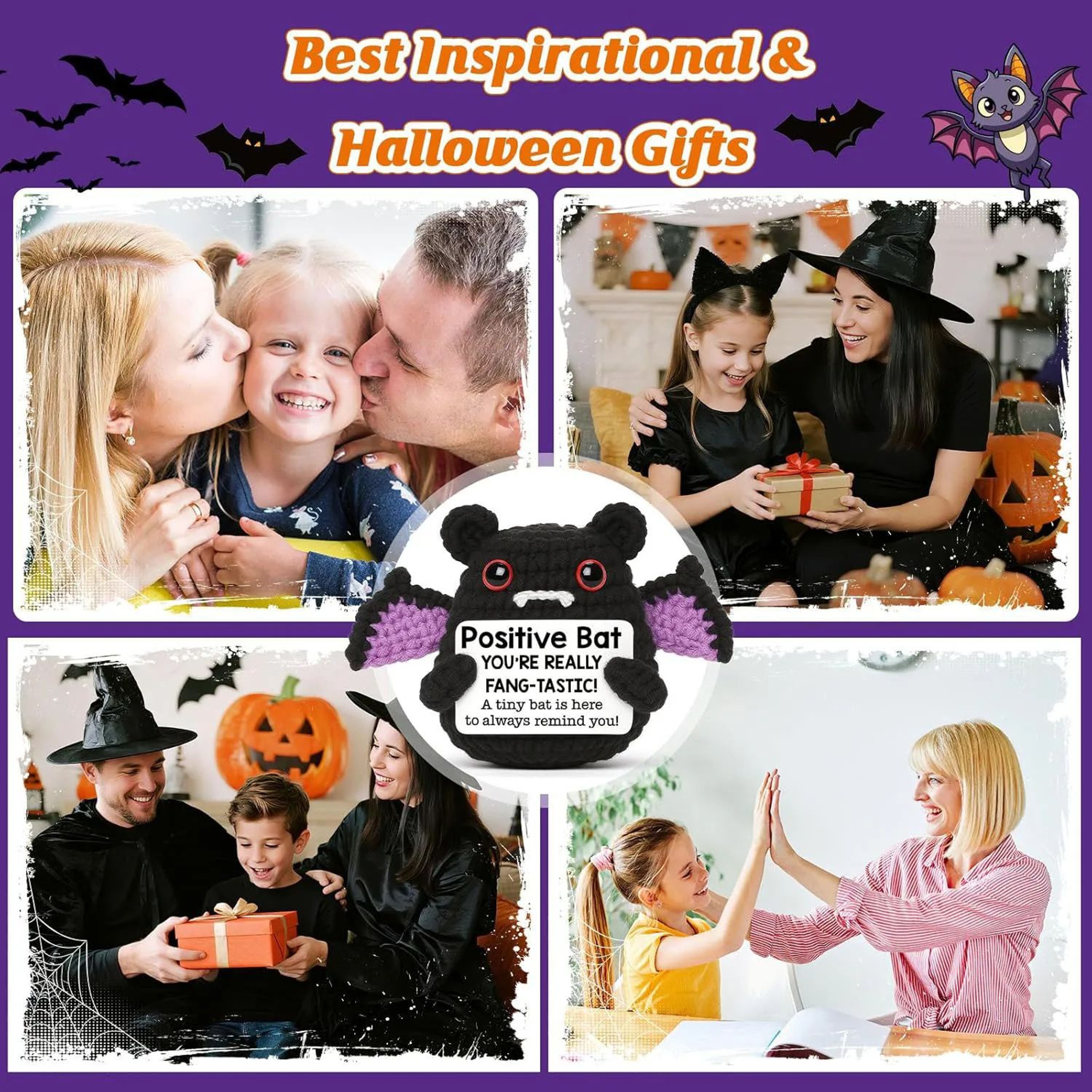 Positive Crochet Bat Doll With Encouragement Card Halloween Decor 4