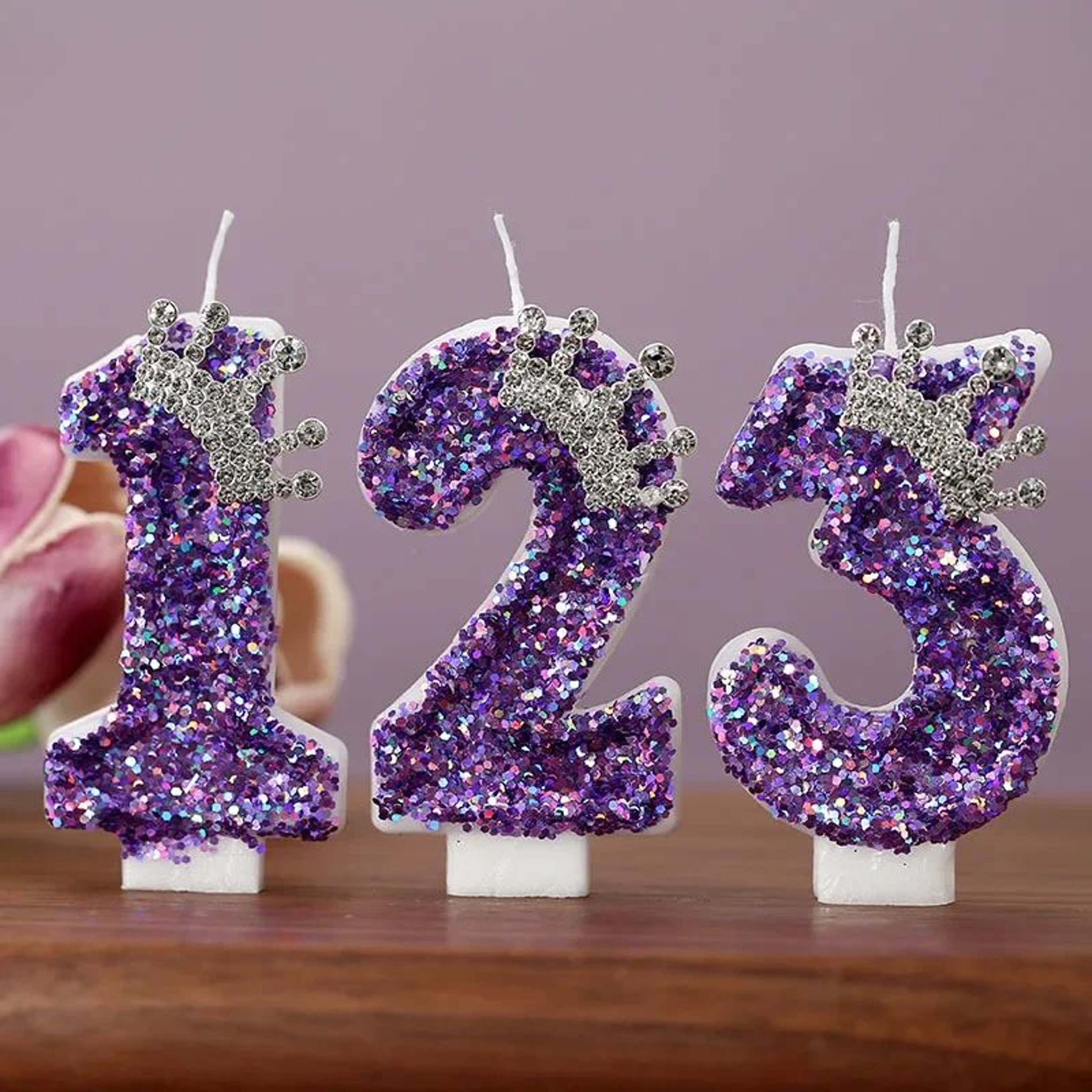 Purple Crown Number Birthday Candle Princess Cake Topper 0
