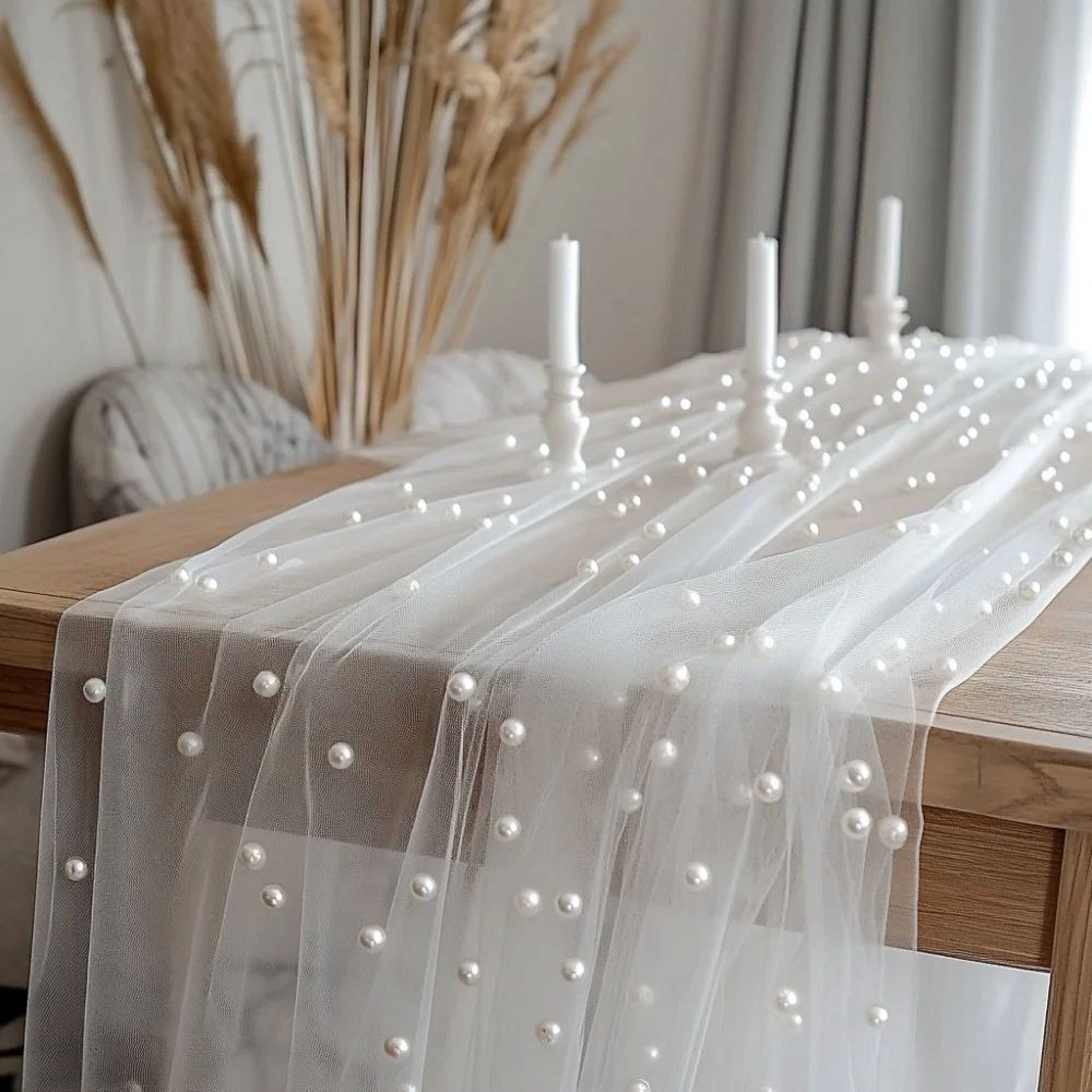 Pearl Elegance Chiffon Table Runner For Weddings  Romantic Table Decor 0