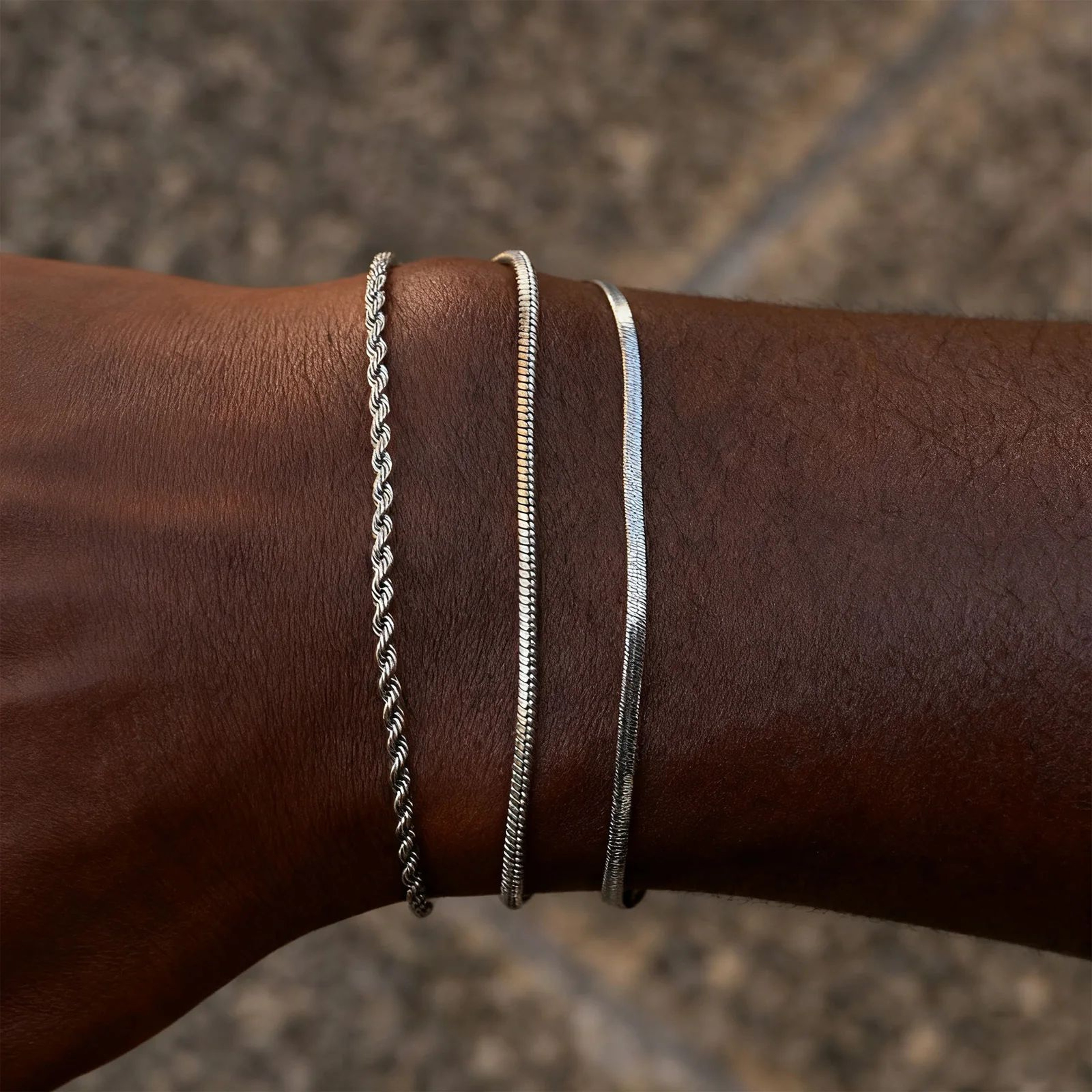 3PCS Mens Silver Twist Chain Bracelet Set  Thin Punk Layering Wristbands 0
