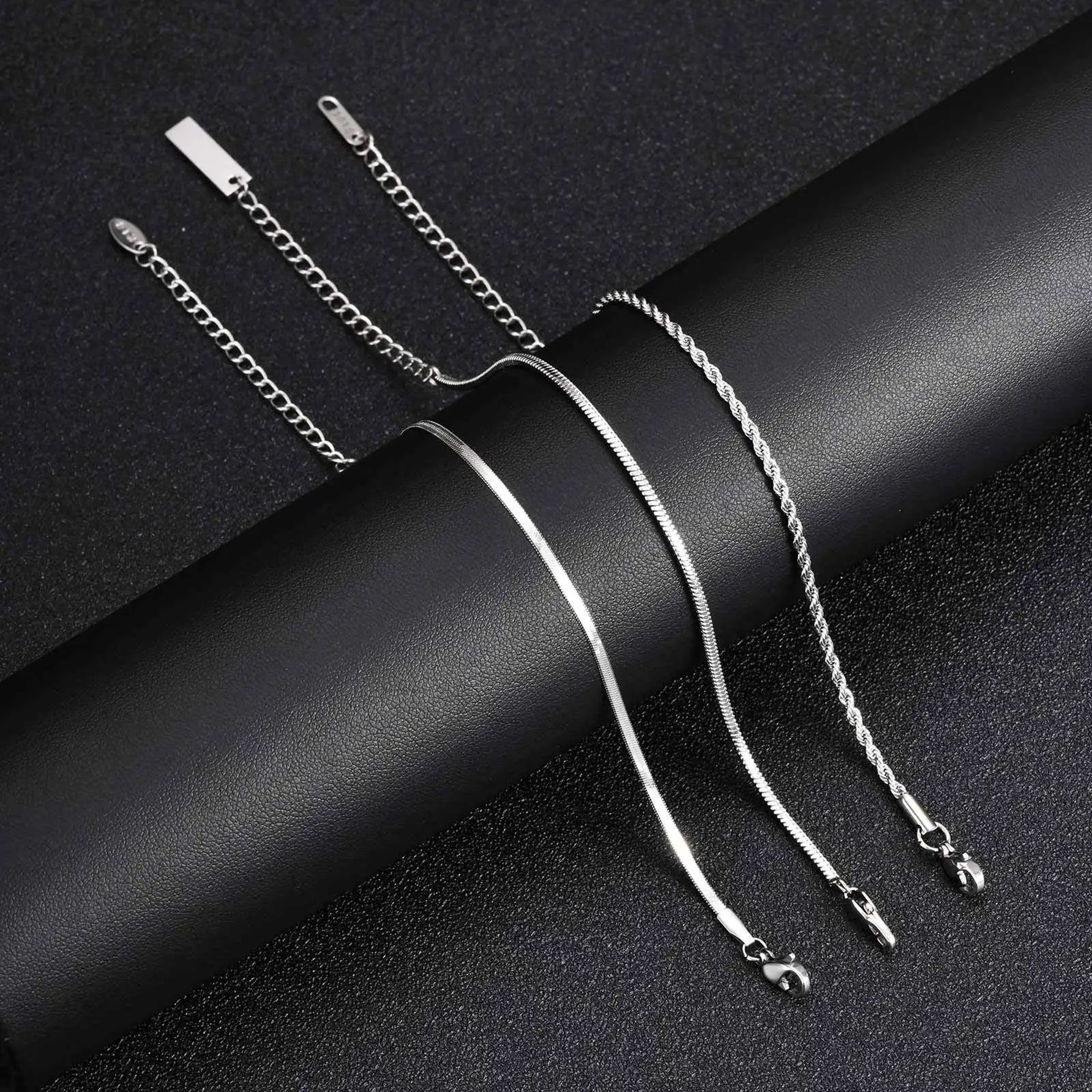 3PCS Mens Silver Twist Chain Bracelet Set  Thin Punk Layering Wristbands 4