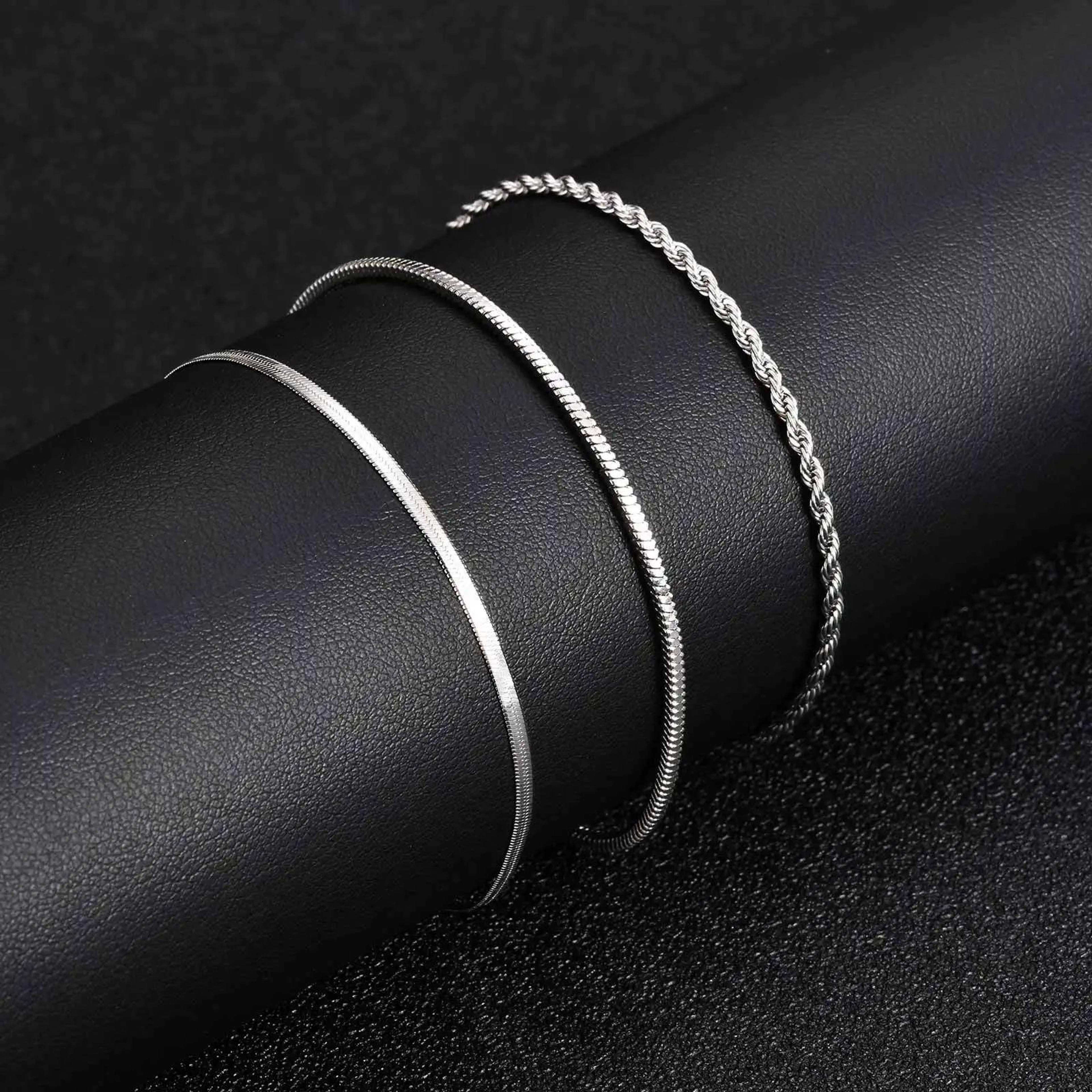 3PCS Mens Silver Twist Chain Bracelet Set  Thin Punk Layering Wristbands 5