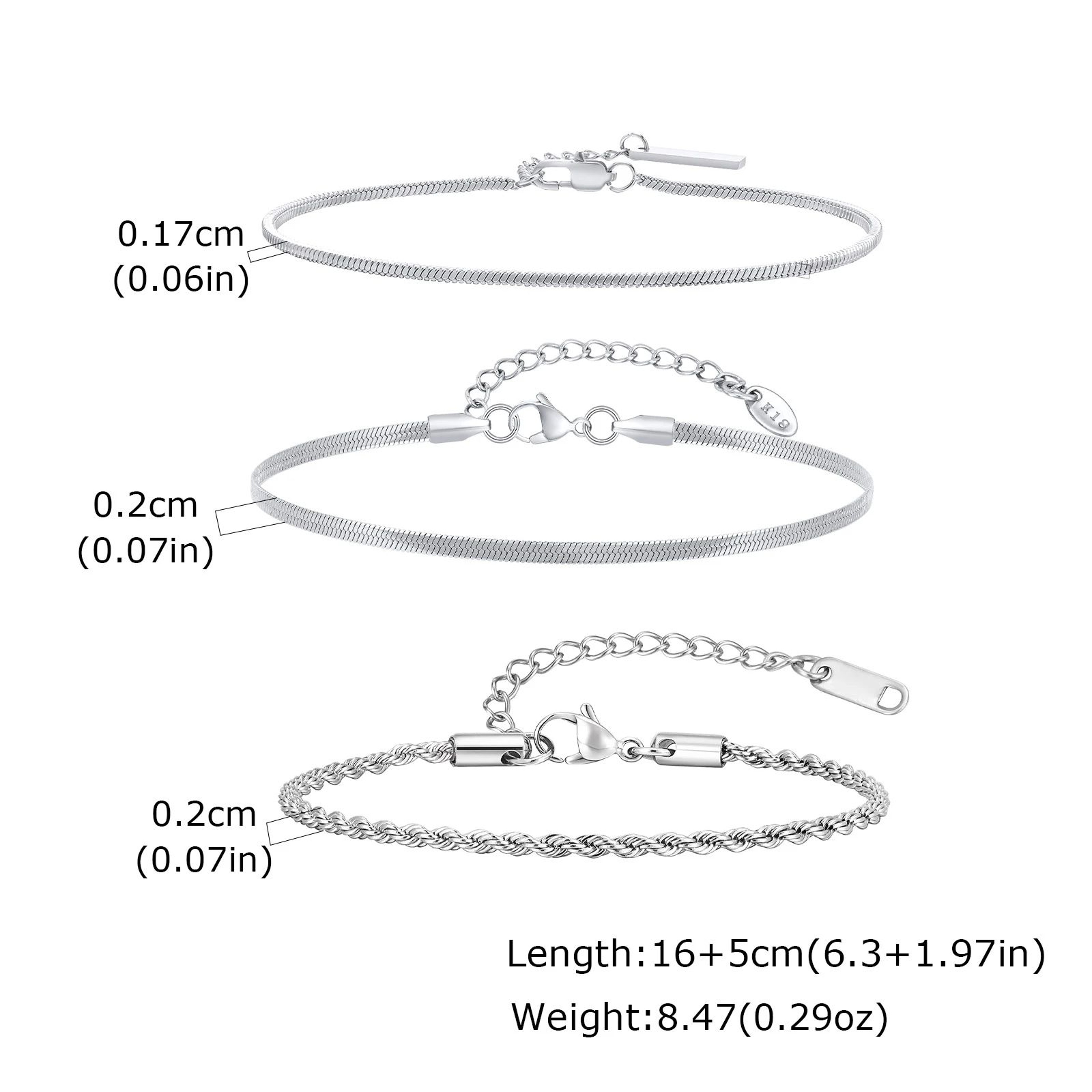 3PCS Mens Silver Twist Chain Bracelet Set  Thin Punk Layering Wristbands 6