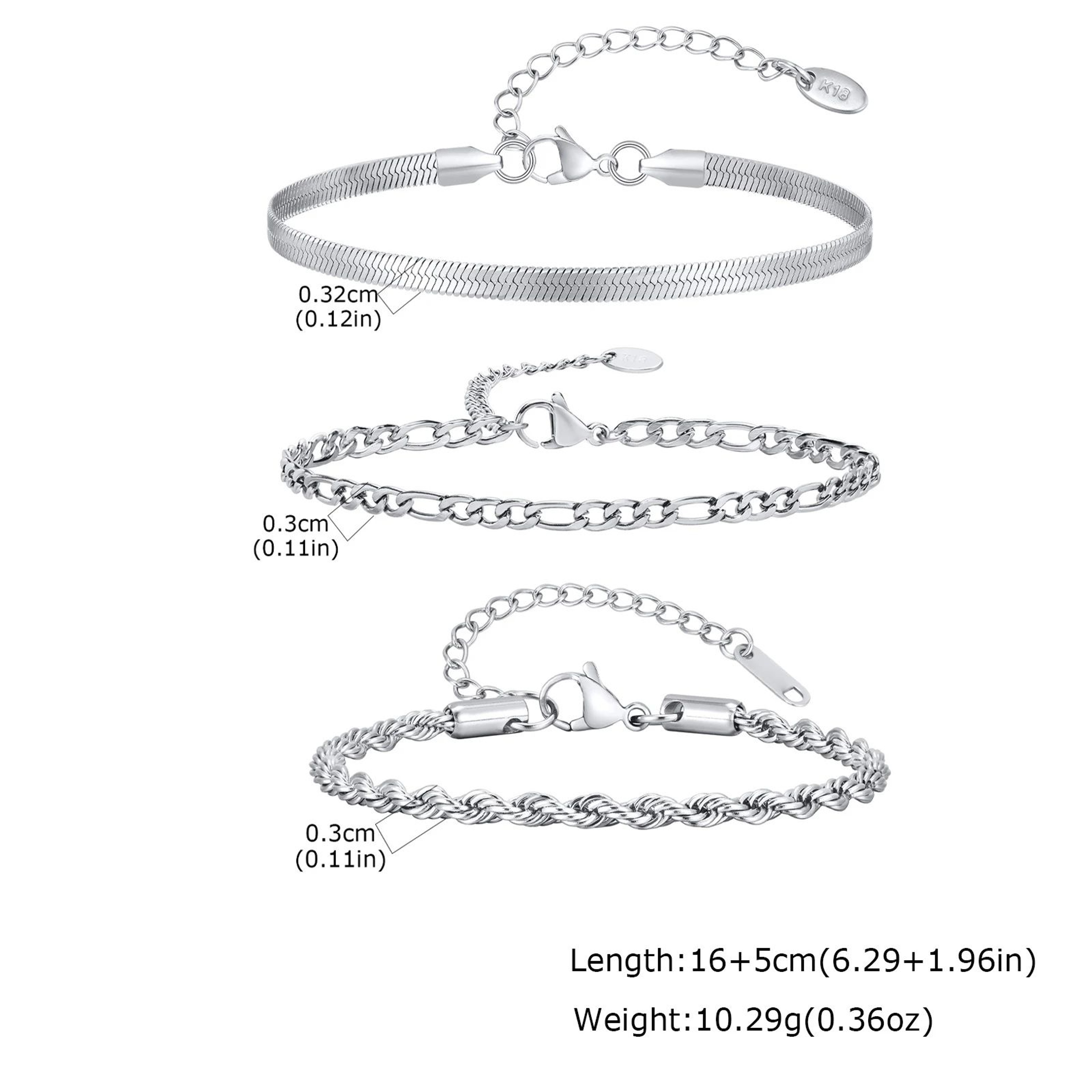 3PCS Mens Silver Twist Chain Bracelet Set  Thin Punk Layering Wristbands 7