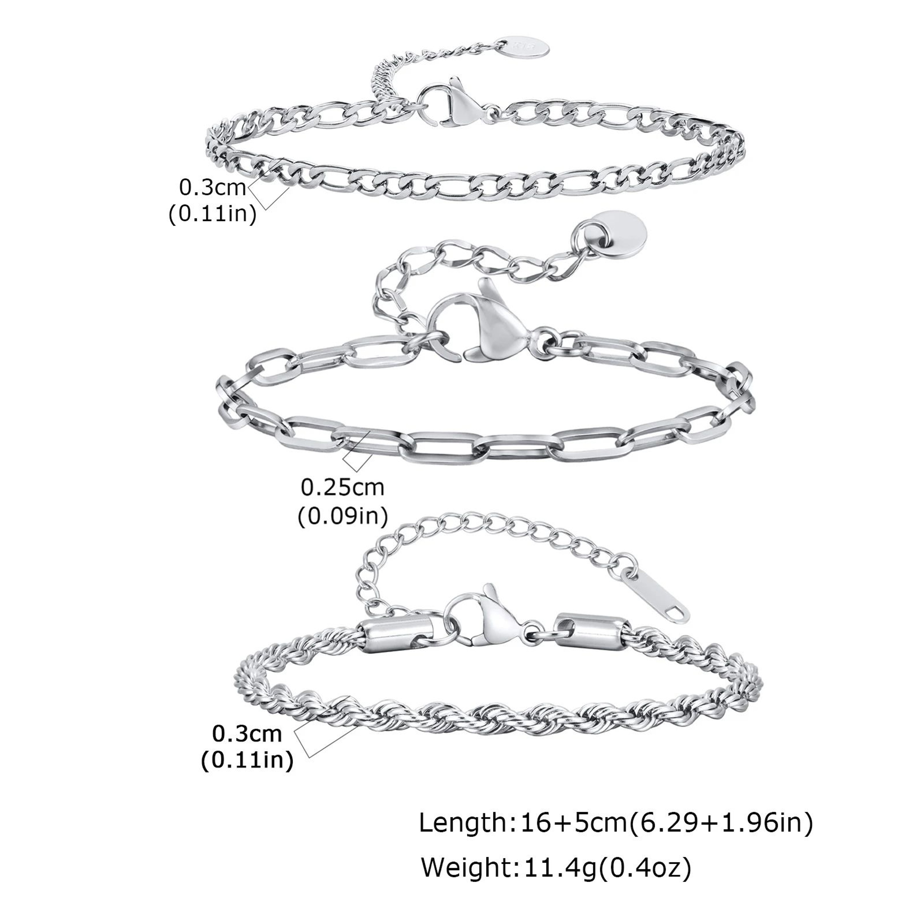 3PCS Mens Silver Twist Chain Bracelet Set  Thin Punk Layering Wristbands 12