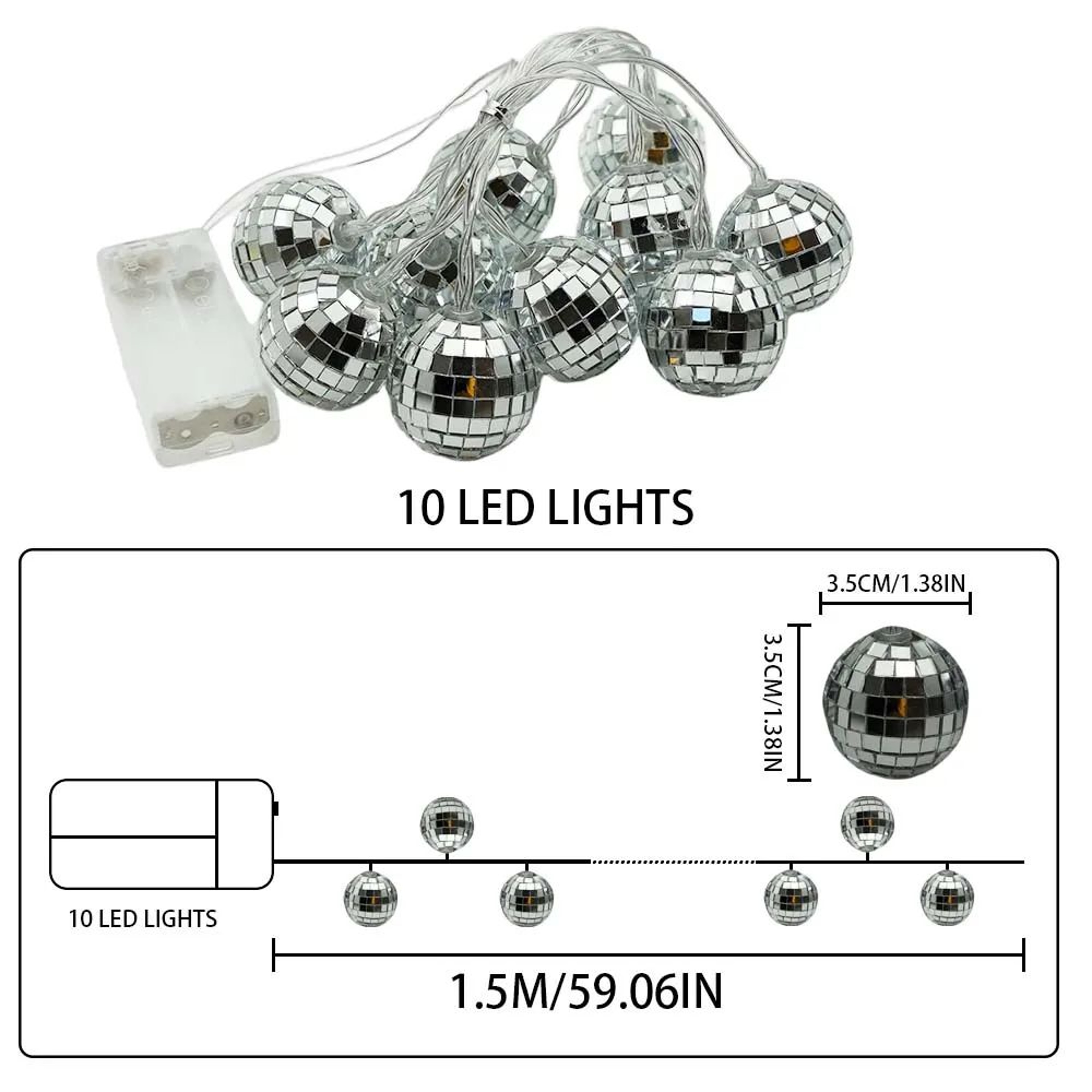 10 LED Disco Mirror Ball String Lights 59 Inch Battery Powered Party Decor 5