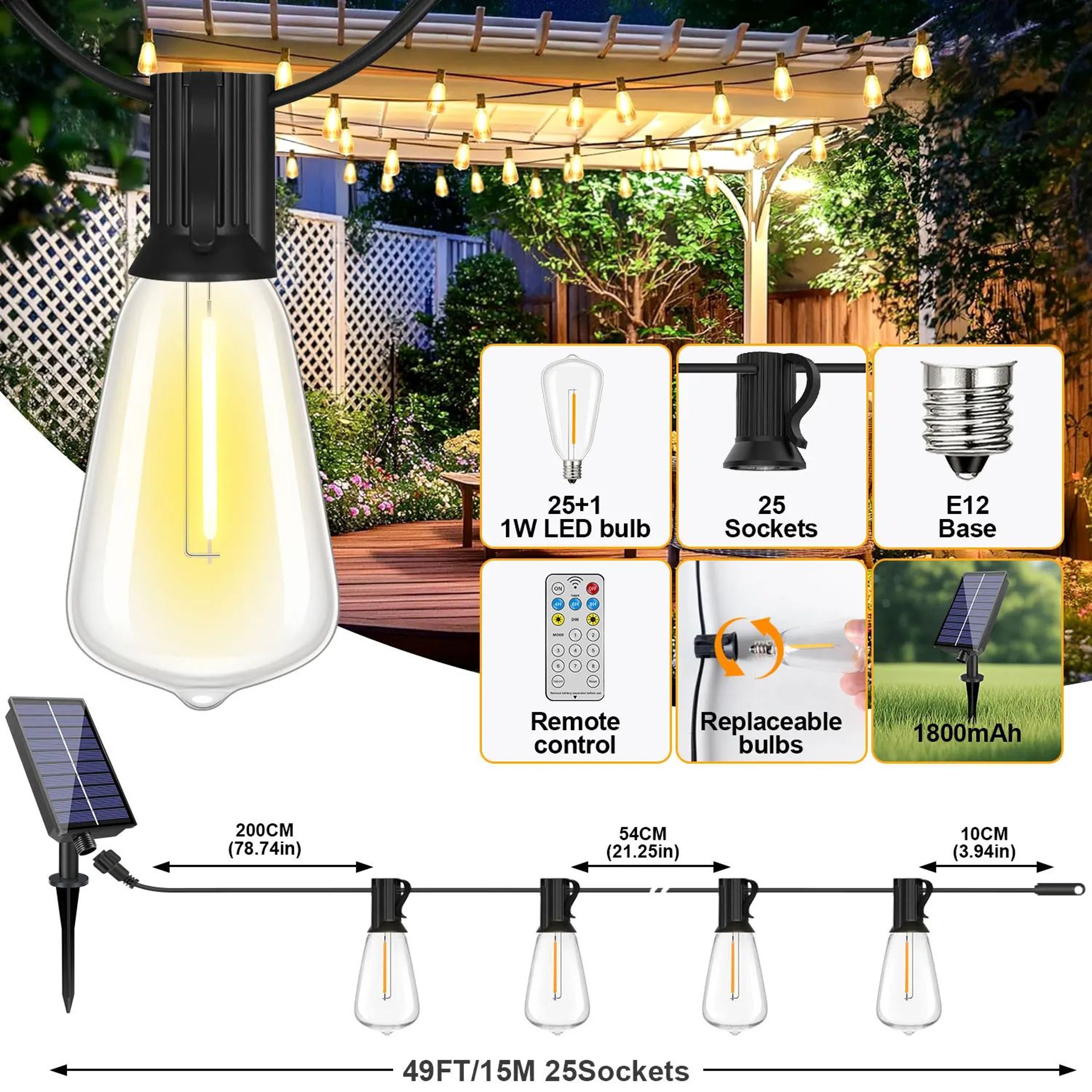 ST38 Solar String Lights With Remote Shatterproof Outdoor Patio Lights 7