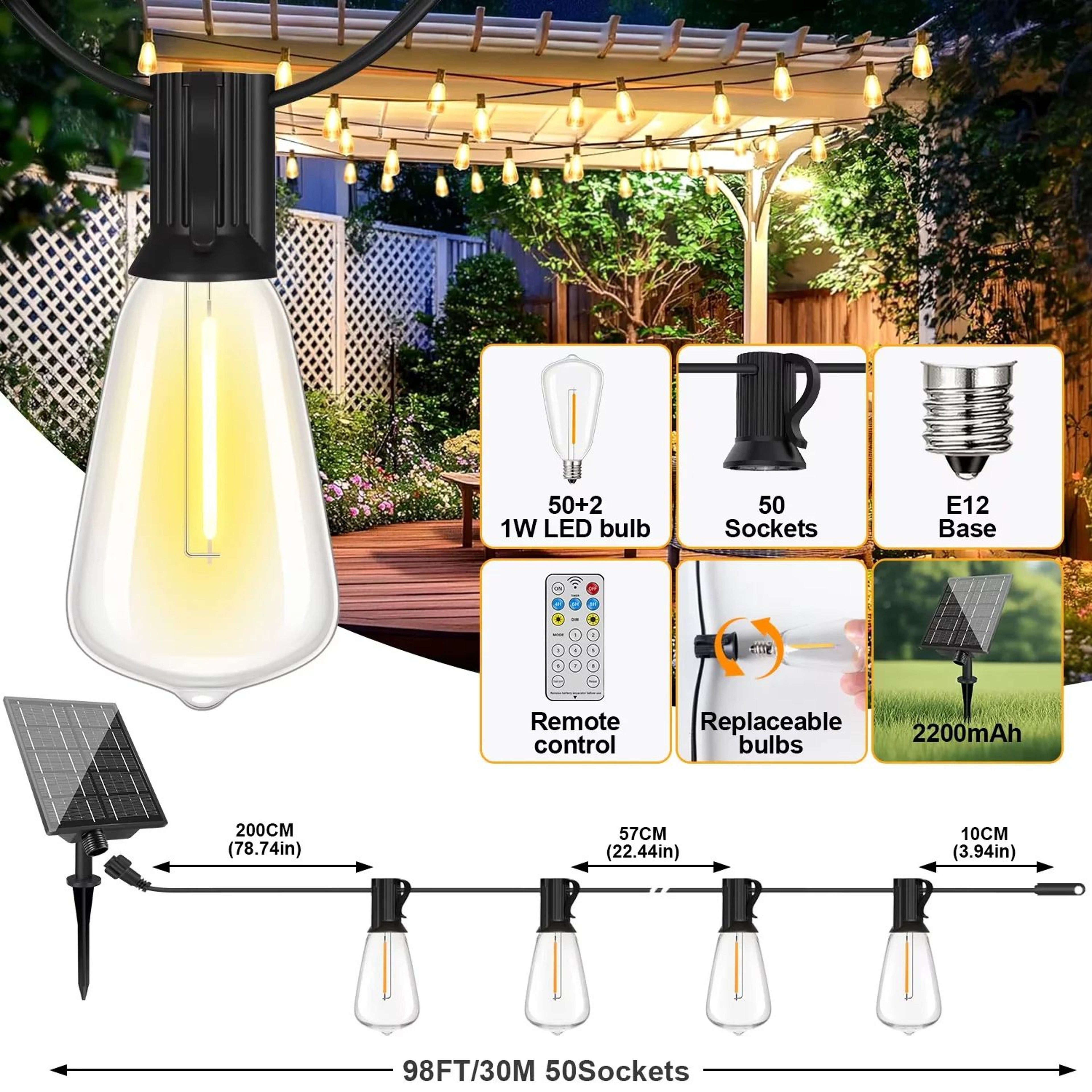 ST38 Solar String Lights With Remote Shatterproof Outdoor Patio Lights 9