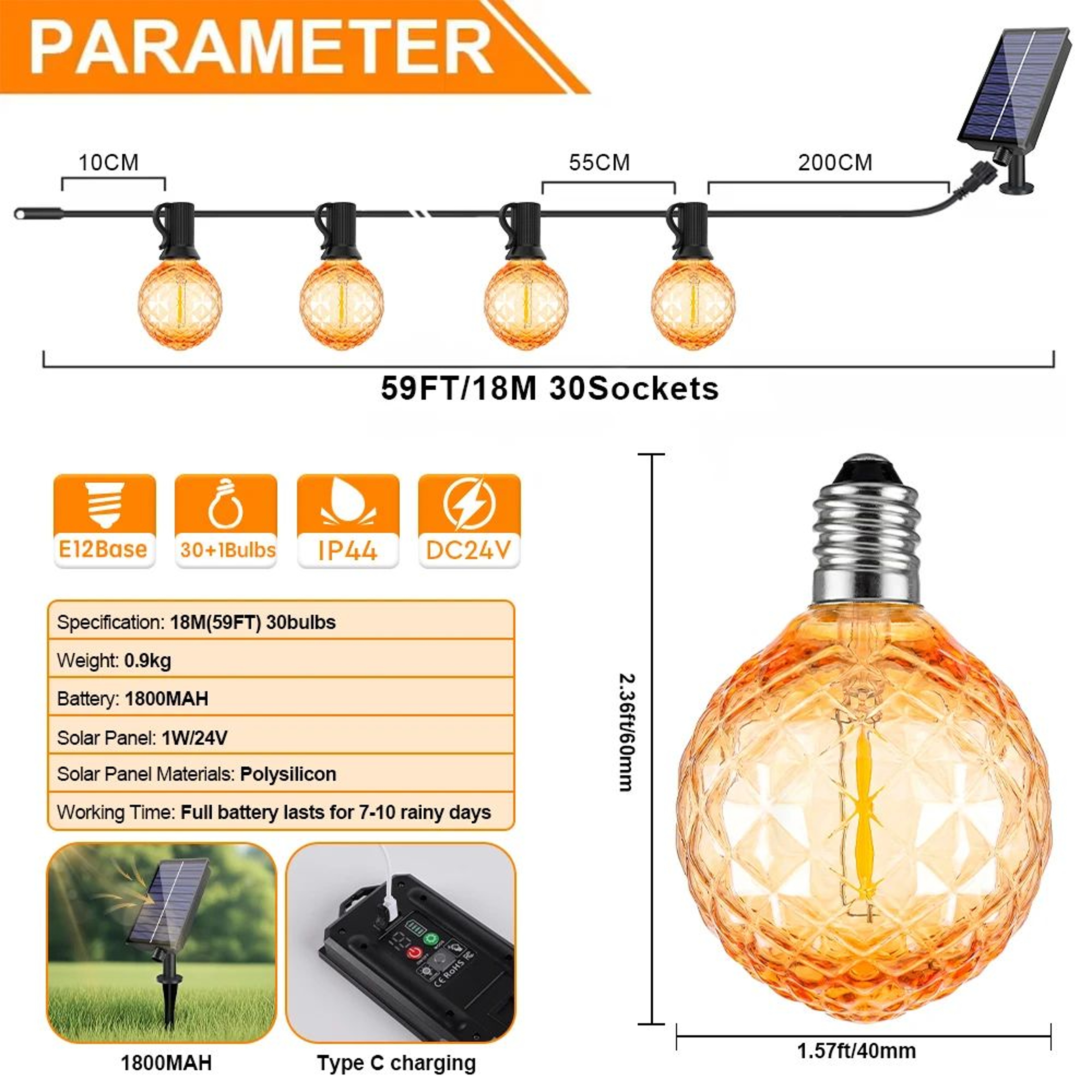 Diamond Amber Solar String Lights 24V Waterproof Outdoor Garland 8