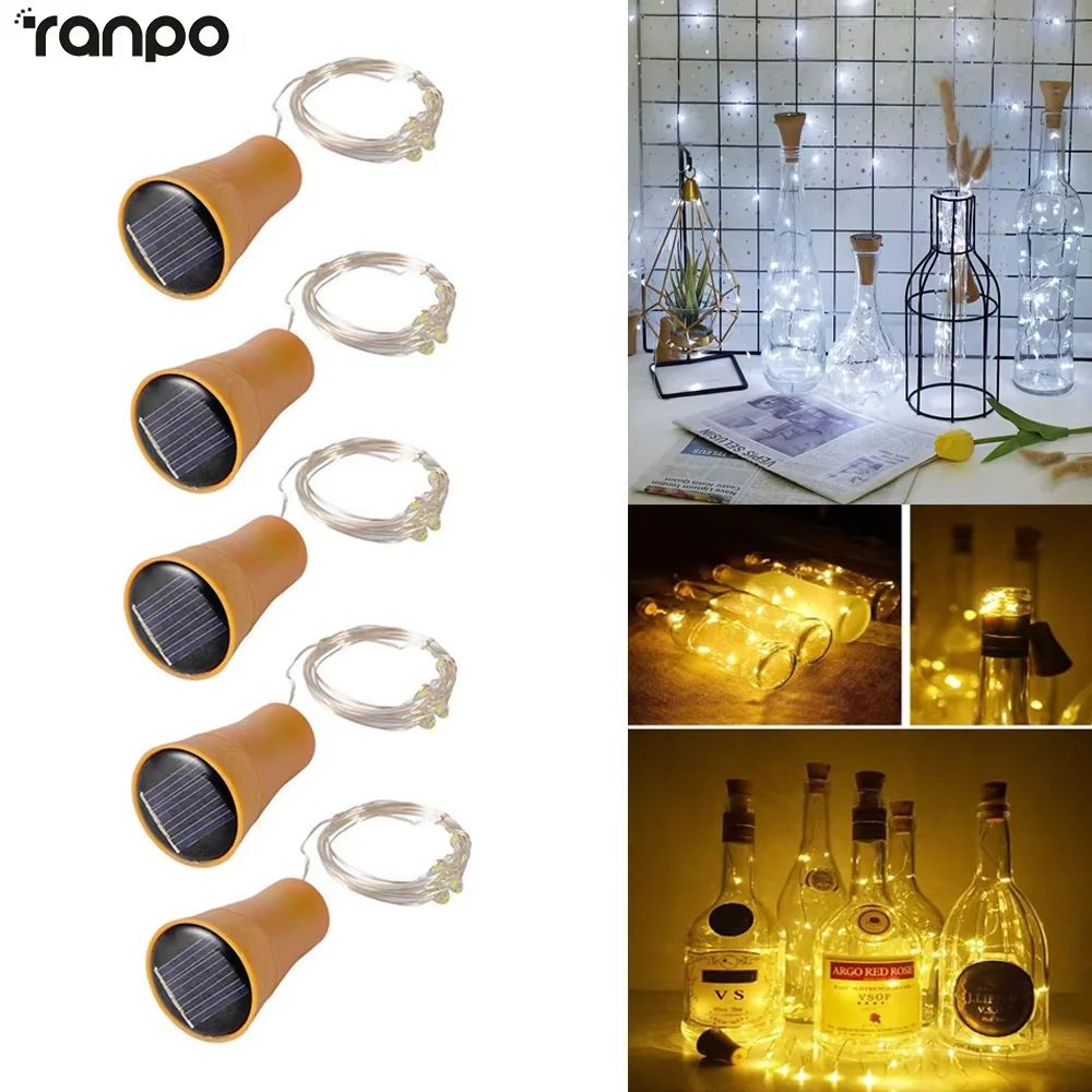 5Pcs Solar Wine Bottle Cork Lights 1020 LED Copper Wire Fairy Lights 0