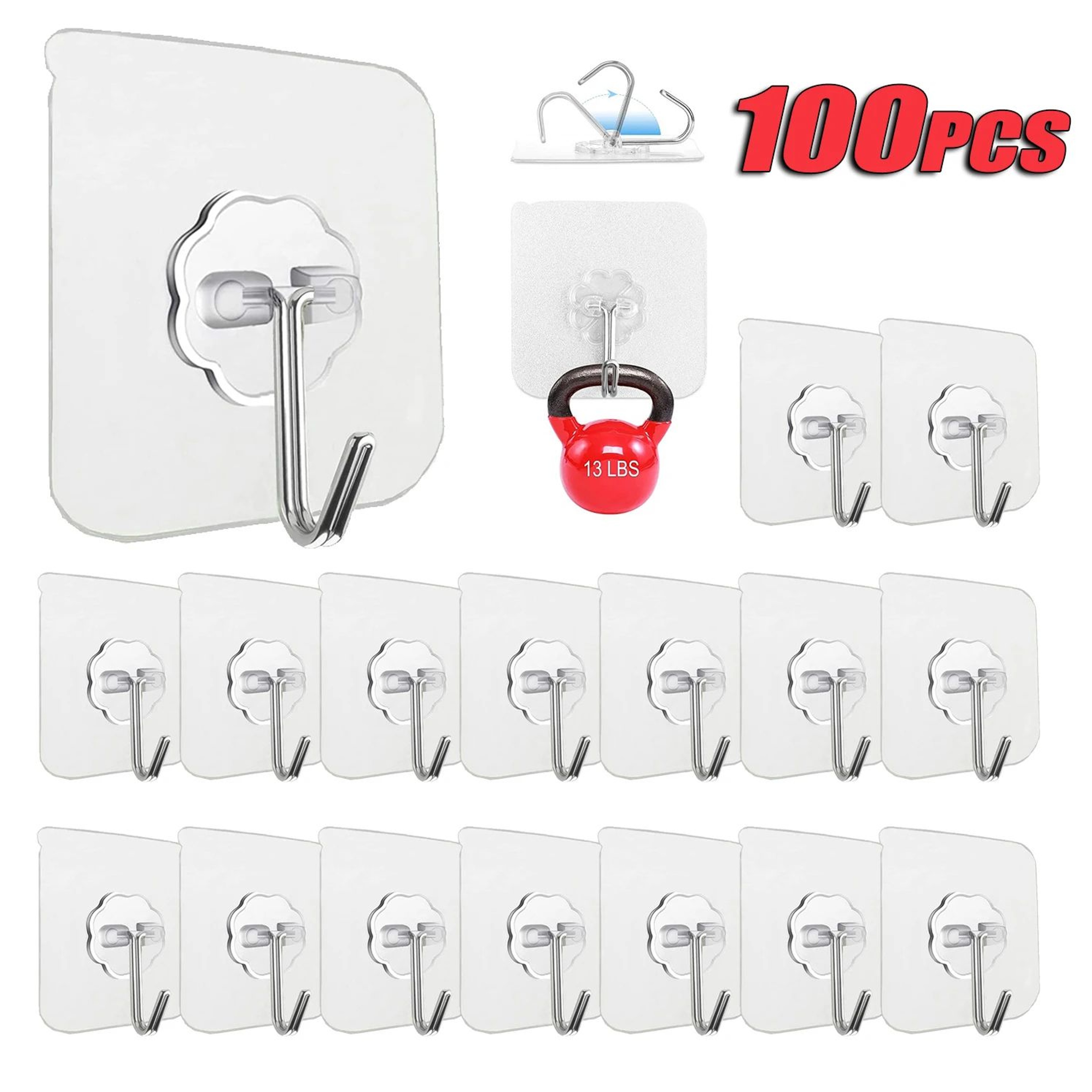 100300PCS Transparent SelfAdhesive Wall Hooks Stainless Steel Waterproof Hangers 0