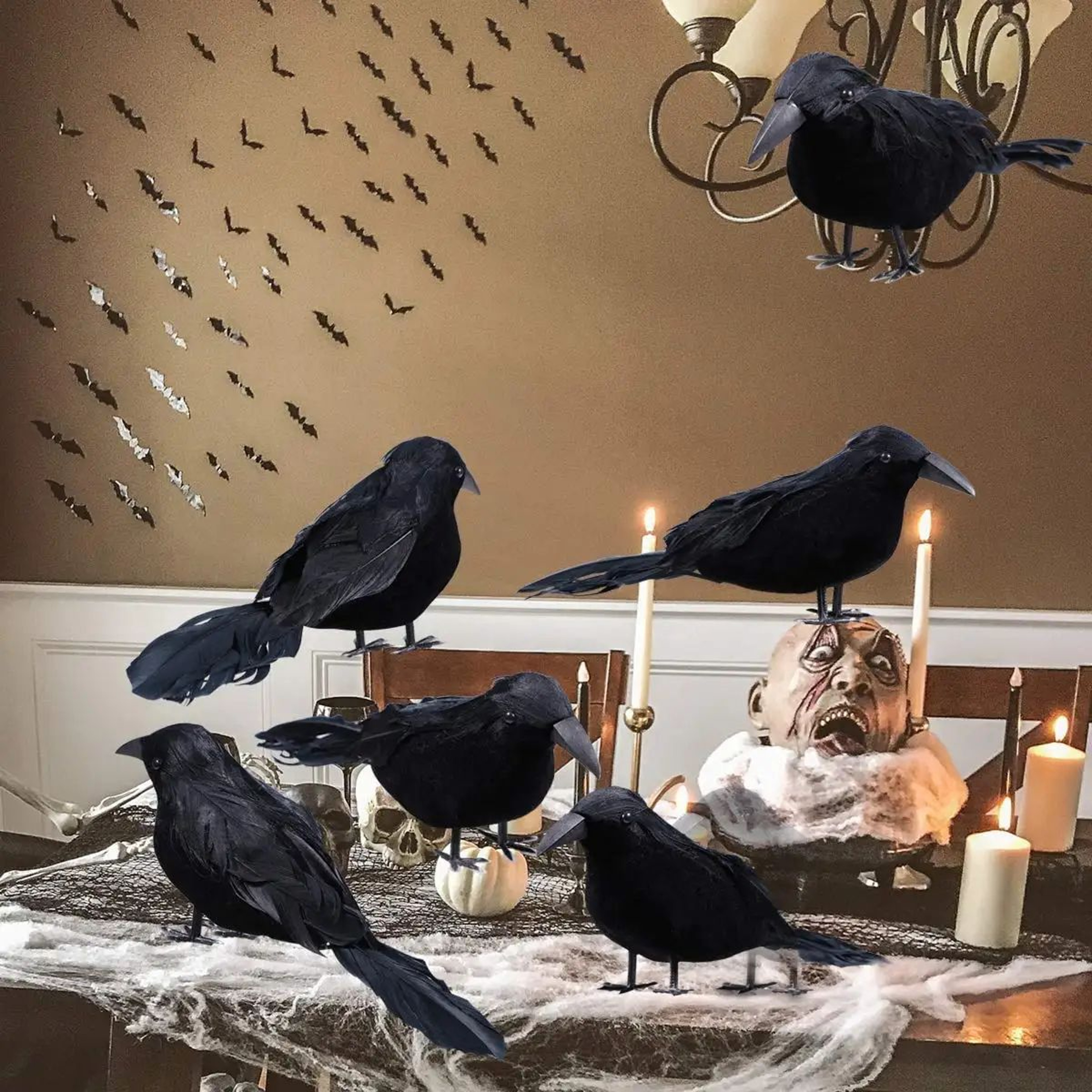 6PCS Realistic Black Feather Crow Halloween Decorations 2