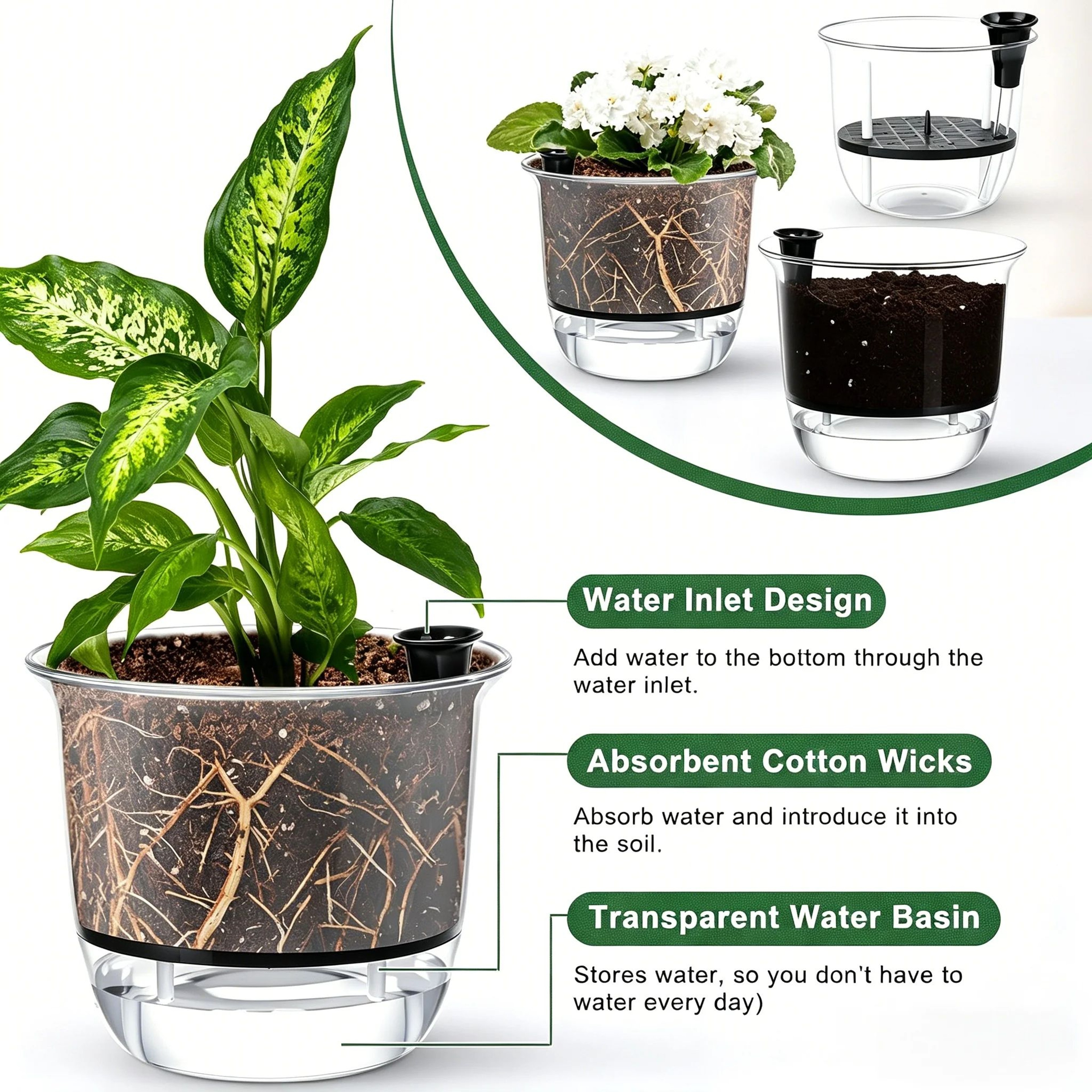 2PCS Clear SelfWatering Pots With Deep Reservoir For Indoor Plants 4