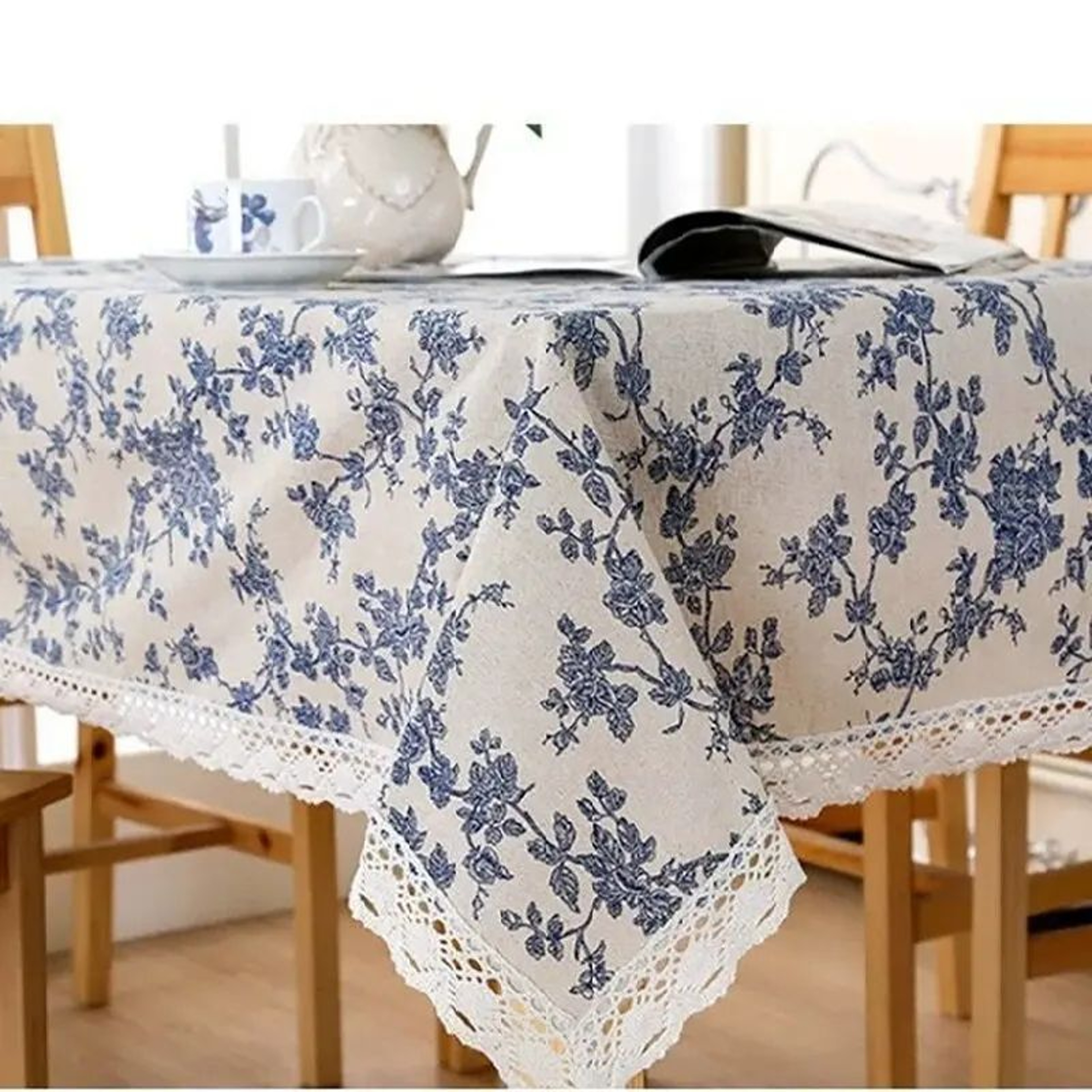 Vintage Blue Pattern Cotton Linen Rectangle Tablecloth Washable Dining Table Cover 3