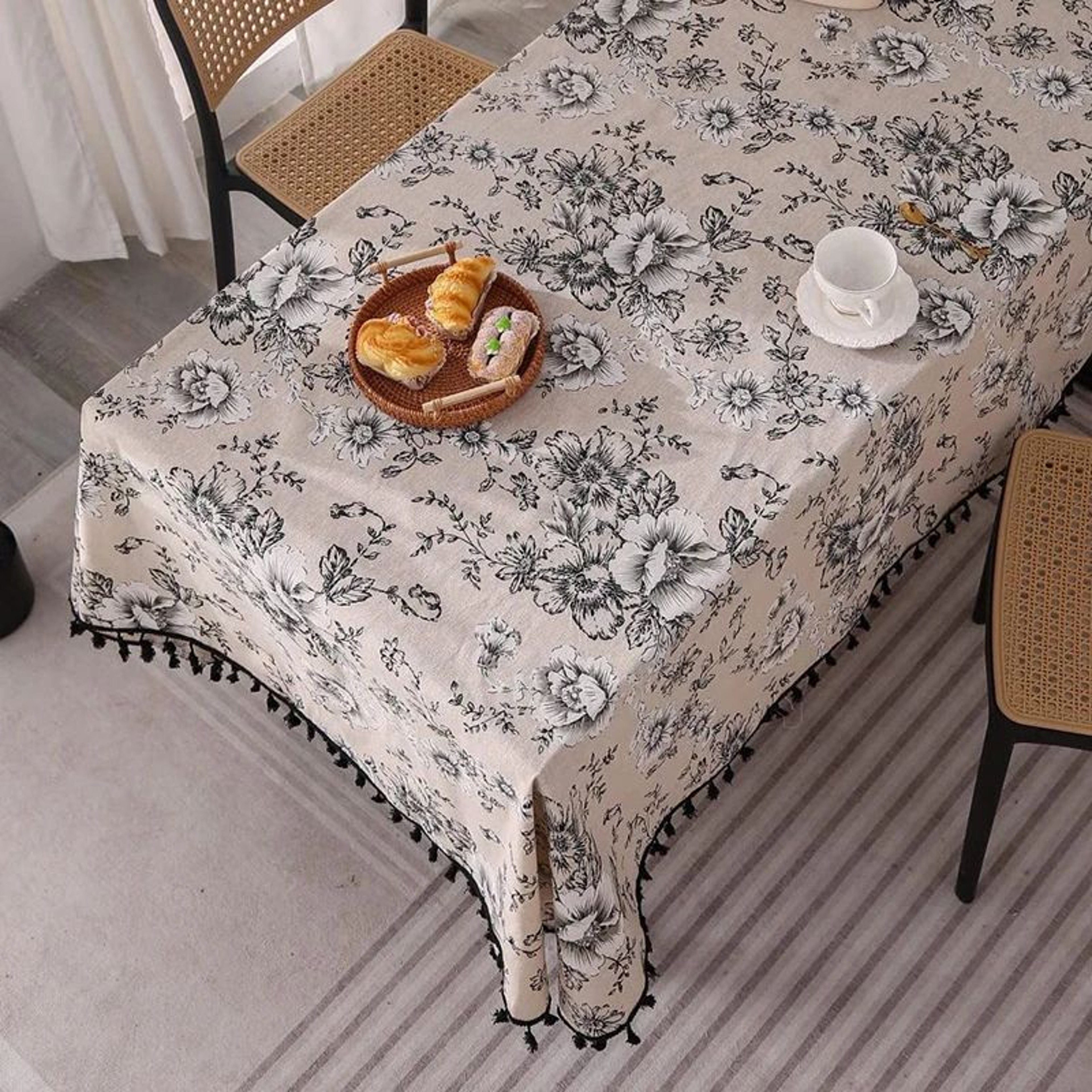Vintage Blue Pattern Cotton Linen Rectangle Tablecloth Washable Dining Table Cover 12