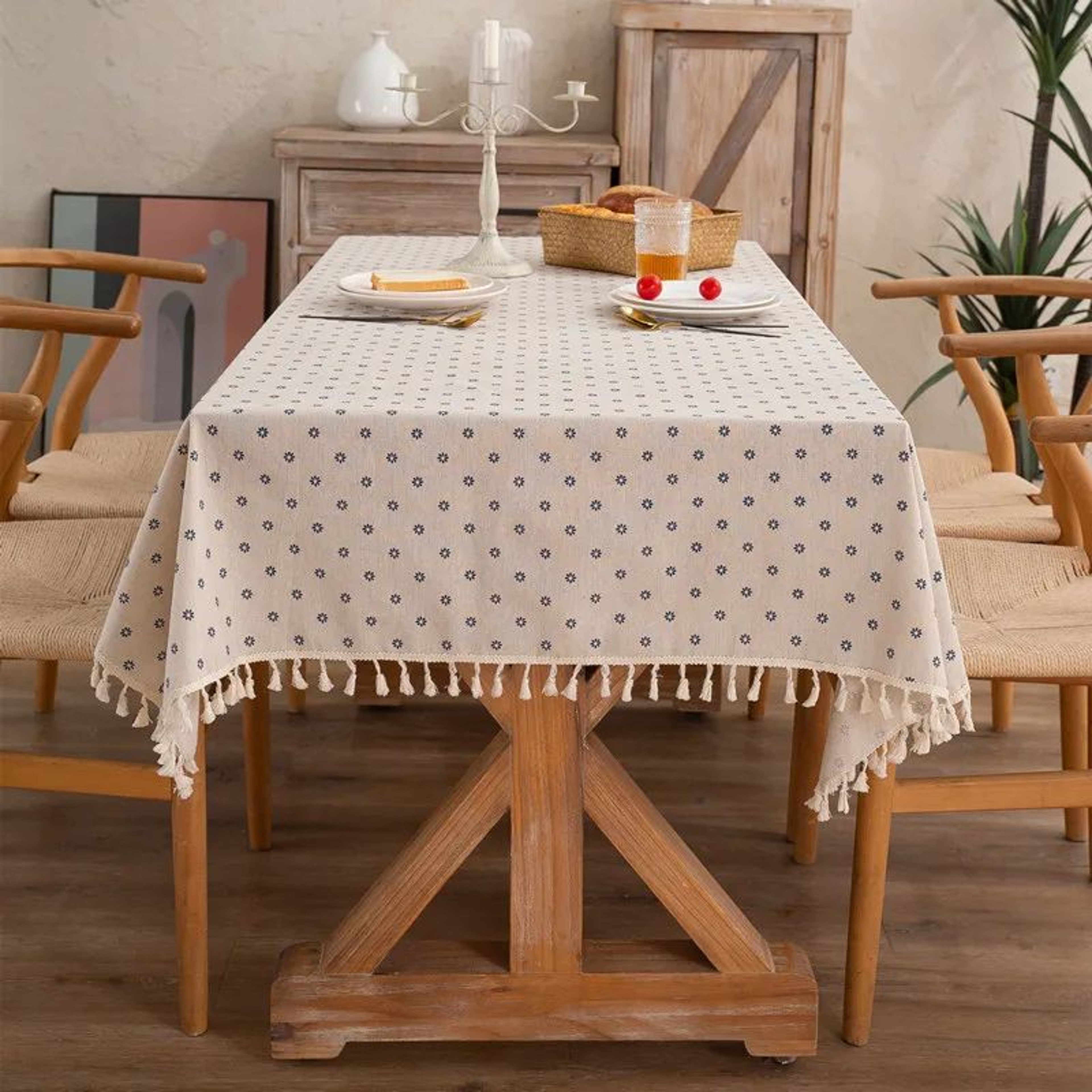 Vintage Blue Pattern Cotton Linen Rectangle Tablecloth Washable Dining Table Cover 6