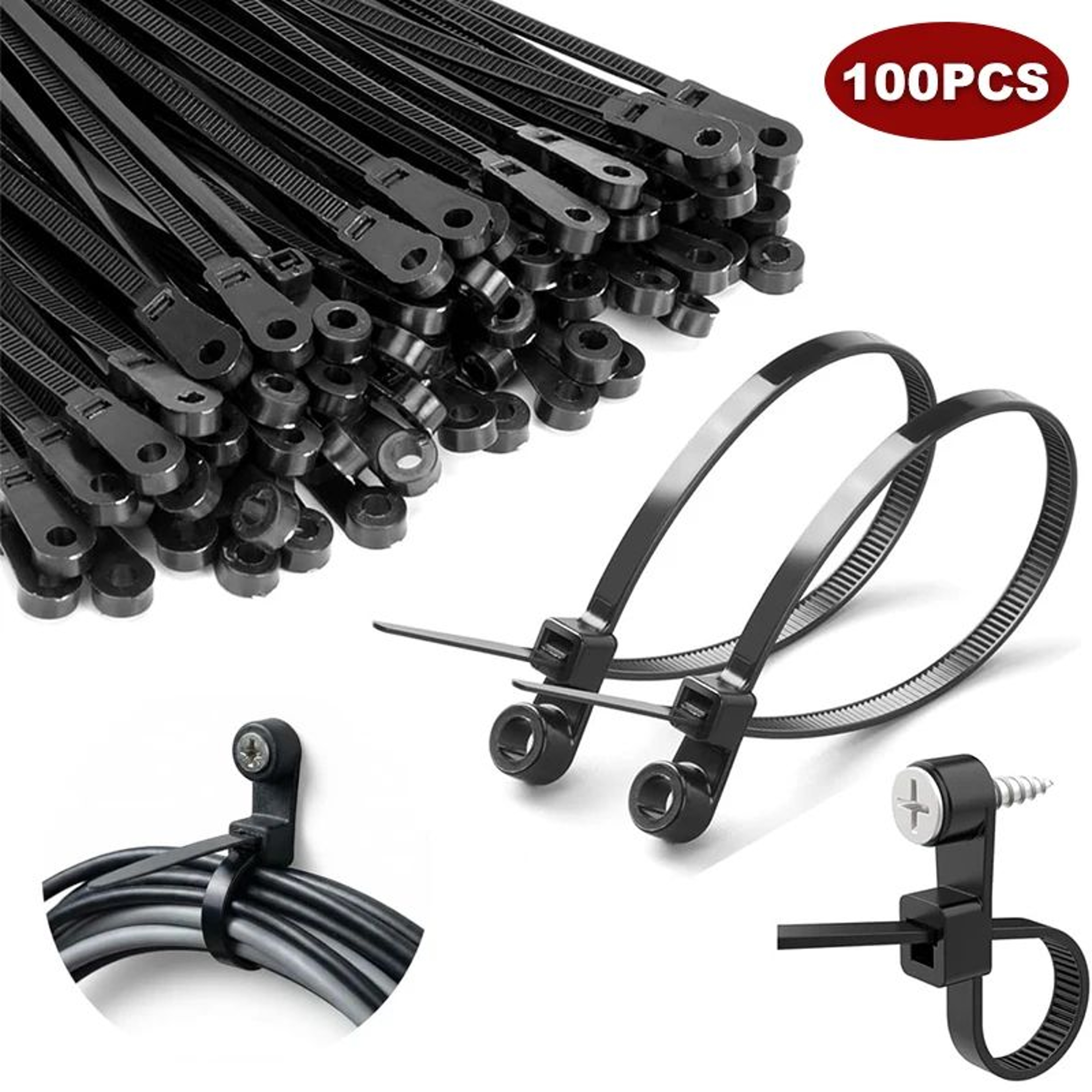 100500PCS Screw Mount Nylon Cable Ties SelfLocking Wire Organizer 0