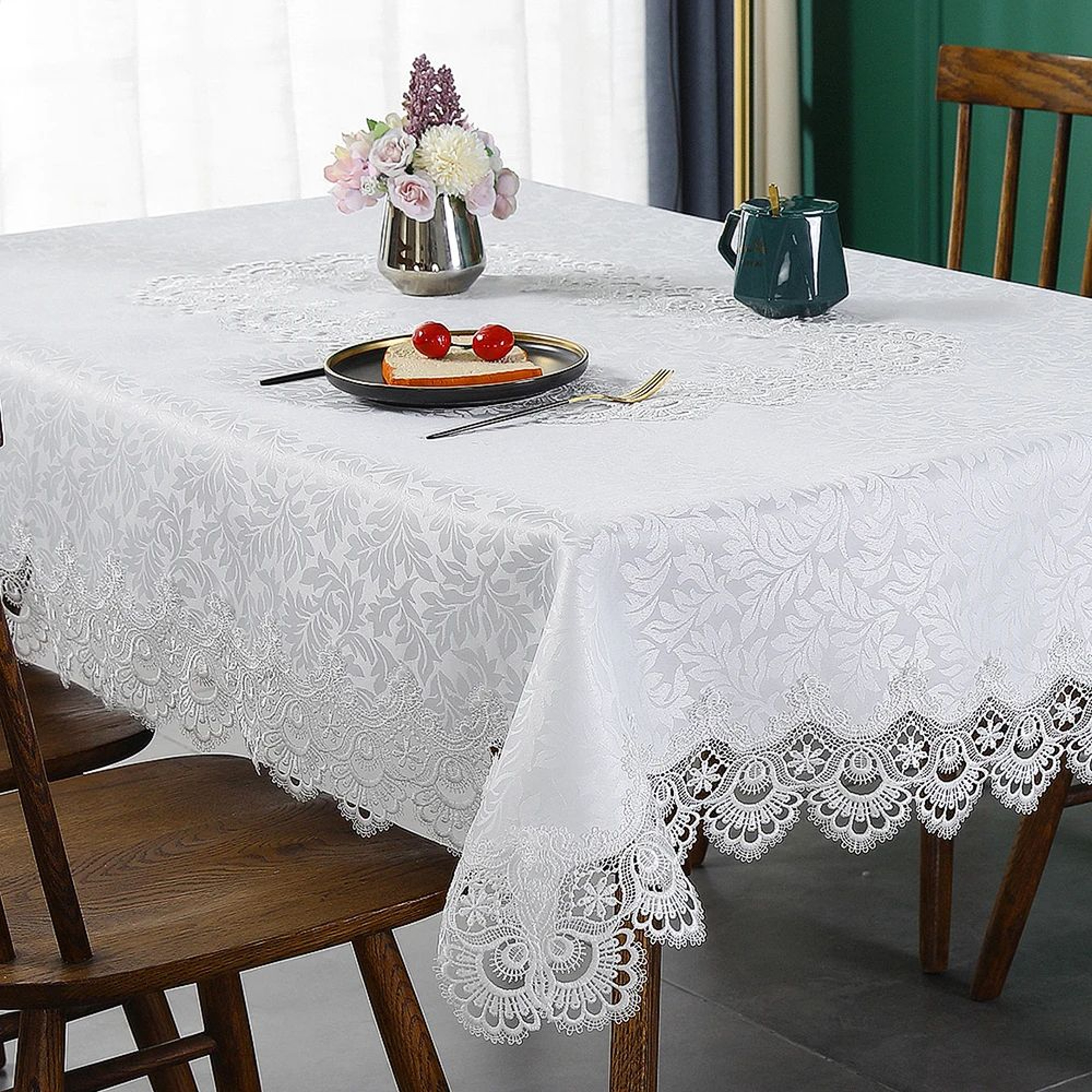 Elegant Floral Lace Embroidery Waterproof Rectangle Tablecloth 6
