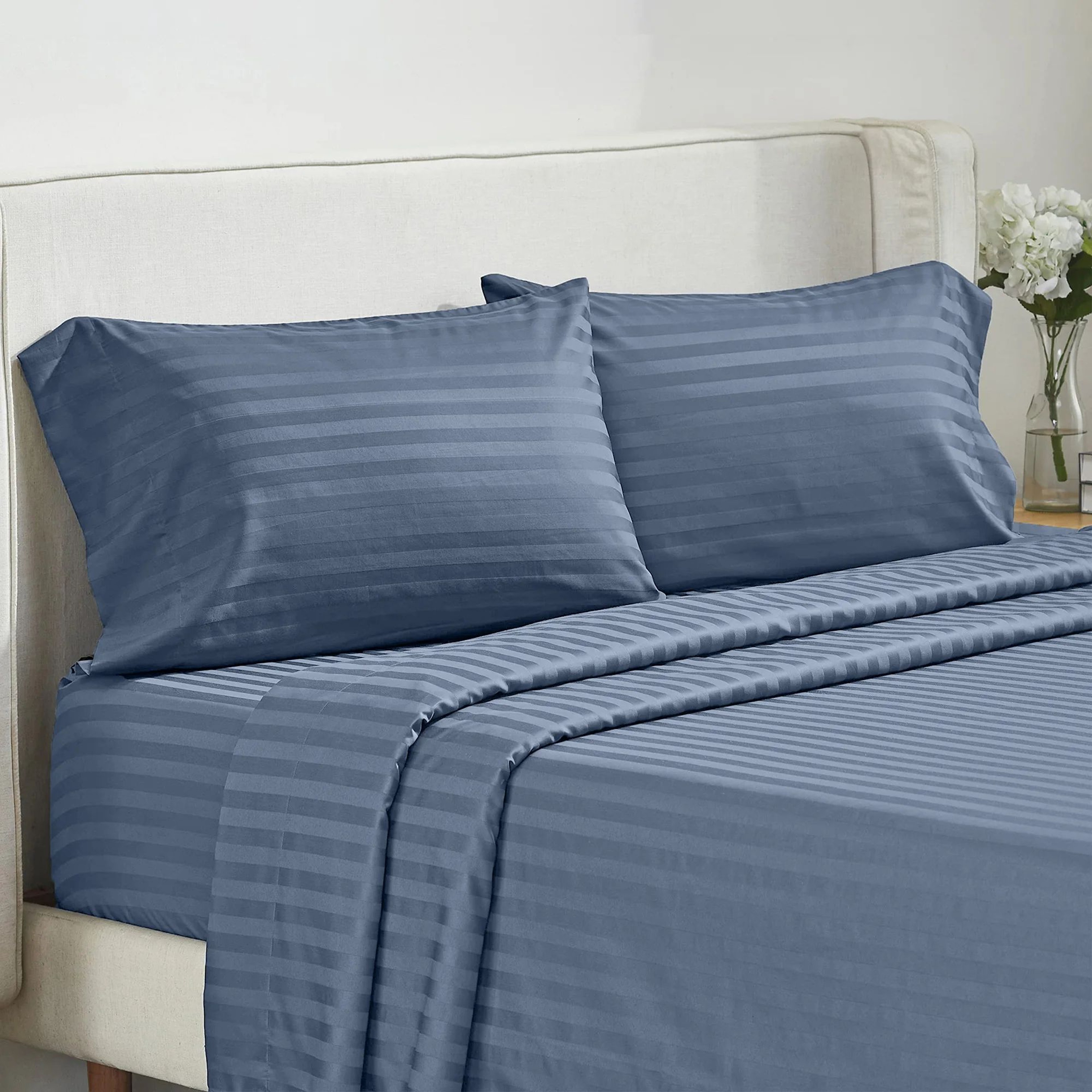 Luxury 4Piece Solid Stripe Bed Sheet Set With Fitted Sheet And Pillowcases 7