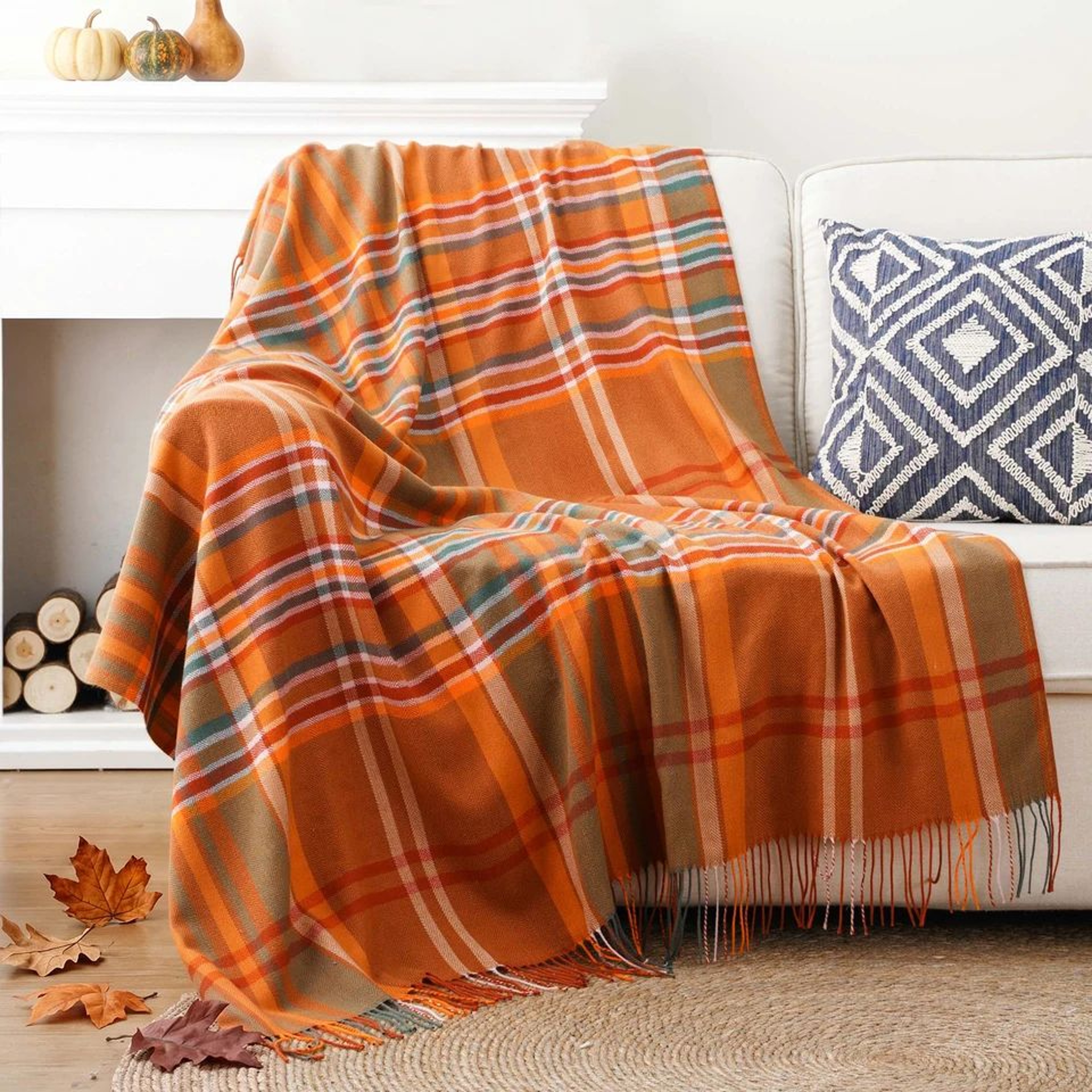 Orange Plaid Throw Blanket Lightweight Fall Sofa Blanket With Tassels 50 X 60 Inch 0