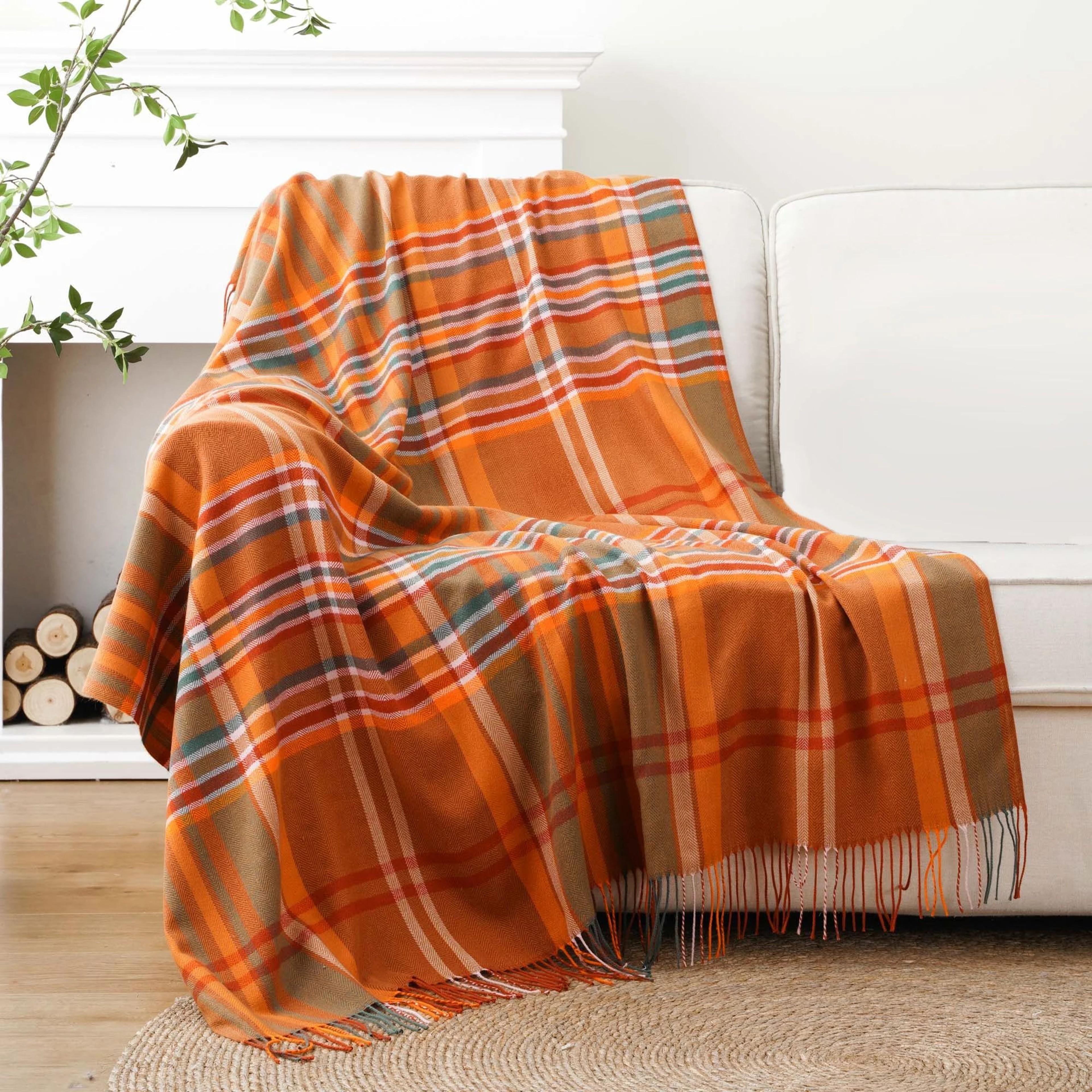 Orange Plaid Throw Blanket Lightweight Fall Sofa Blanket With Tassels 50 X 60 Inch 7