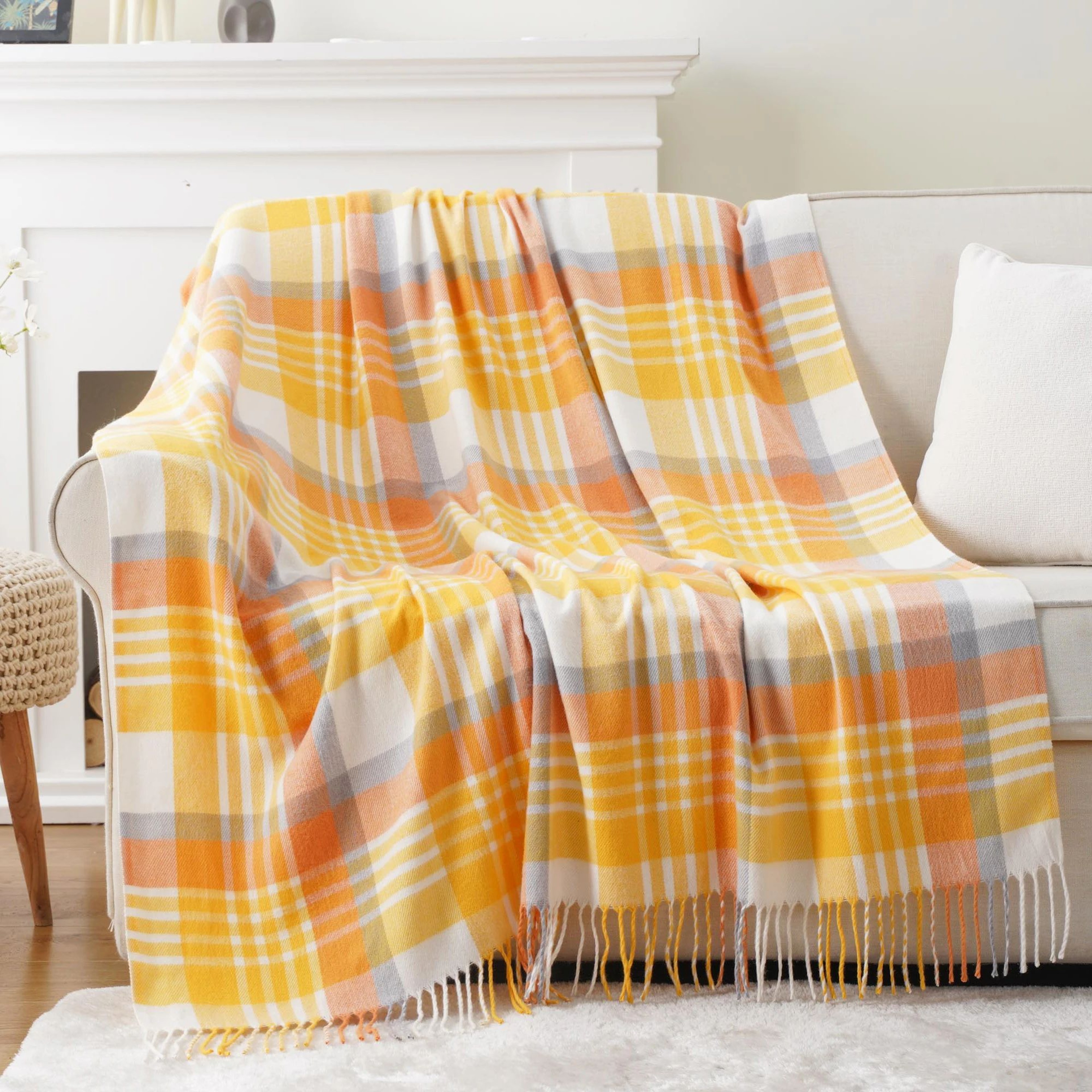 Orange Plaid Throw Blanket Lightweight Fall Sofa Blanket With Tassels 50 X 60 Inch 11