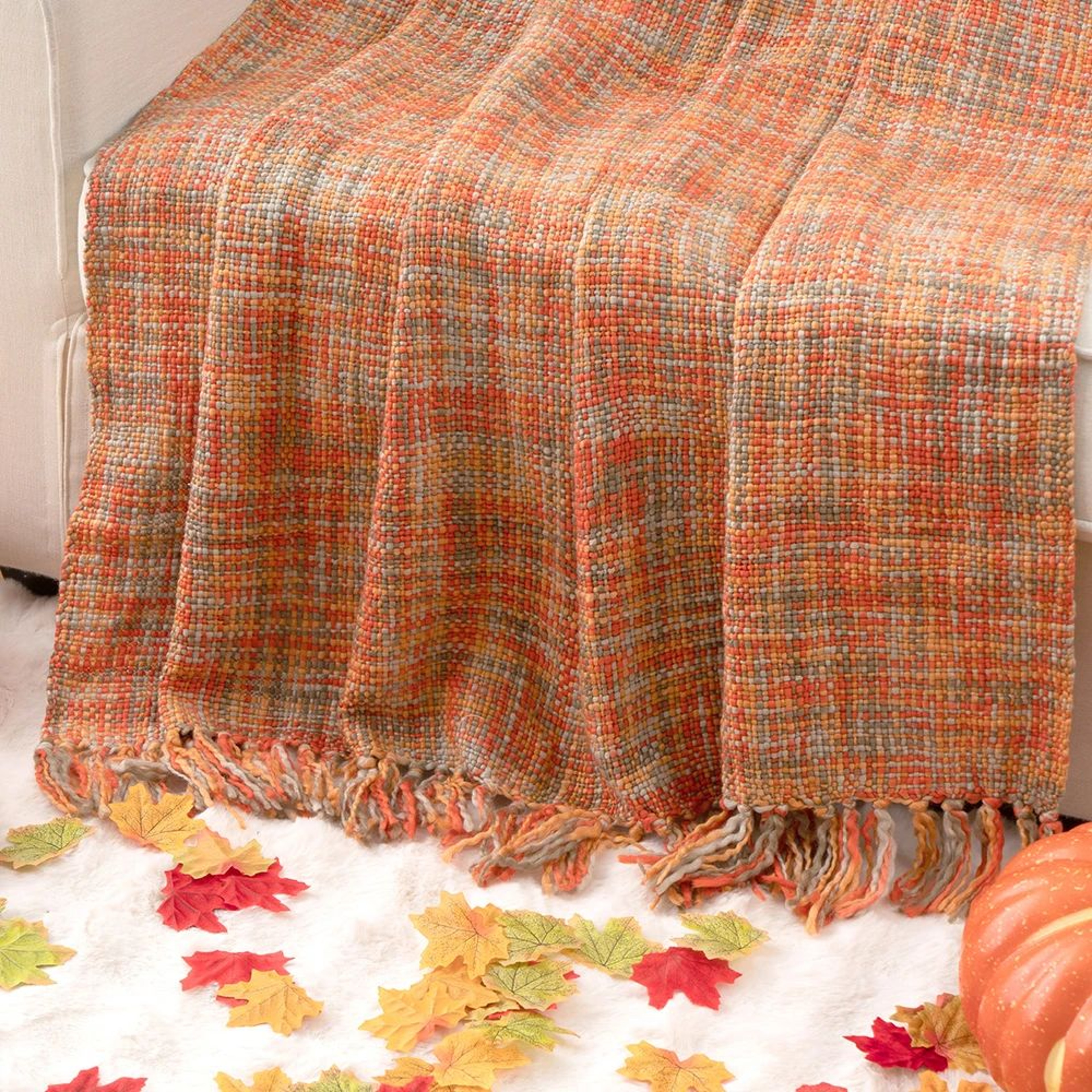 Orange Boho Cable Knit Throw Blanket With Tassels For Couch And Bed 5