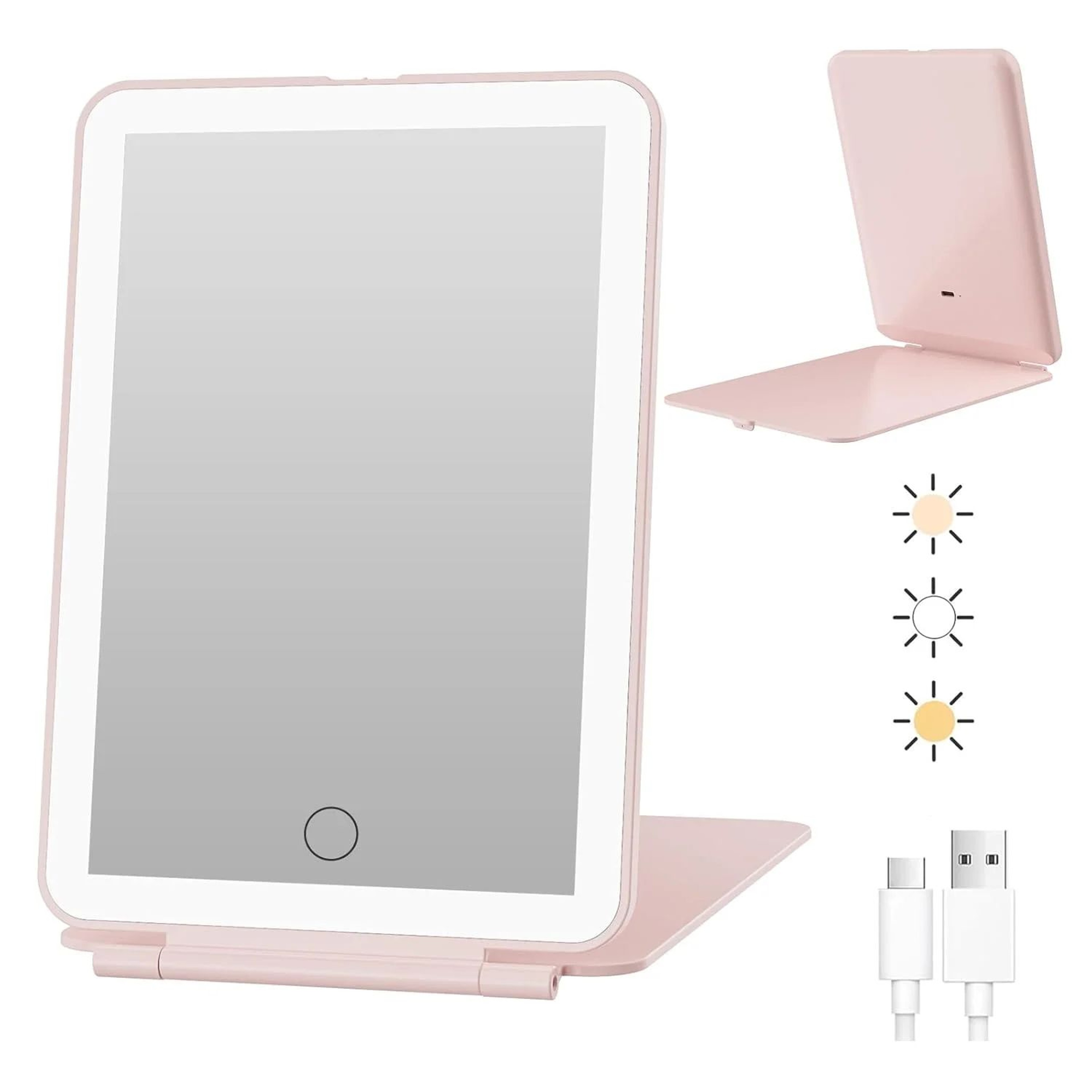 LED Foldable Travel Makeup Mirror With 3 Light Modes USB Rechargeable Touch Control 0