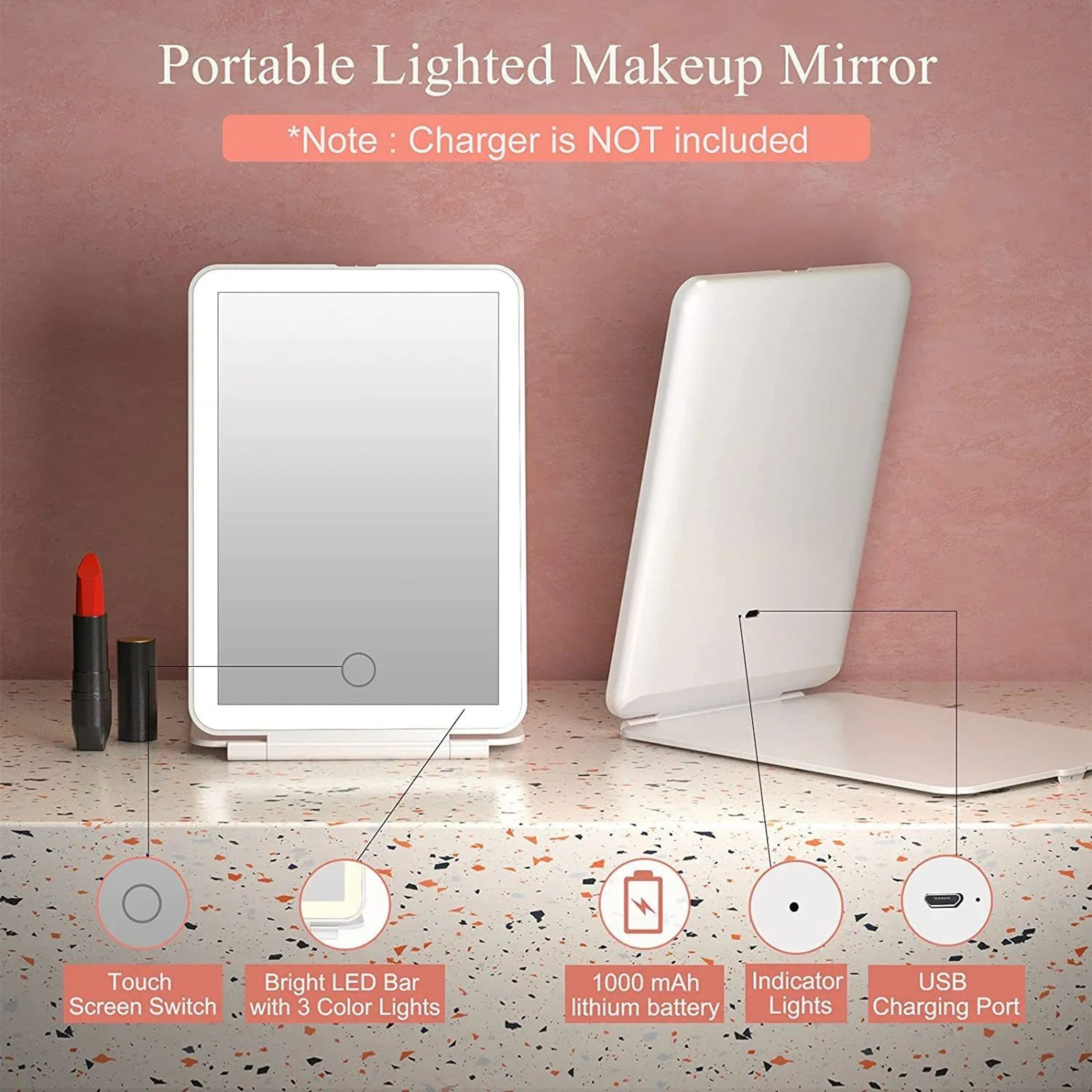 LED Foldable Travel Makeup Mirror With 3 Light Modes USB Rechargeable Touch Control 3