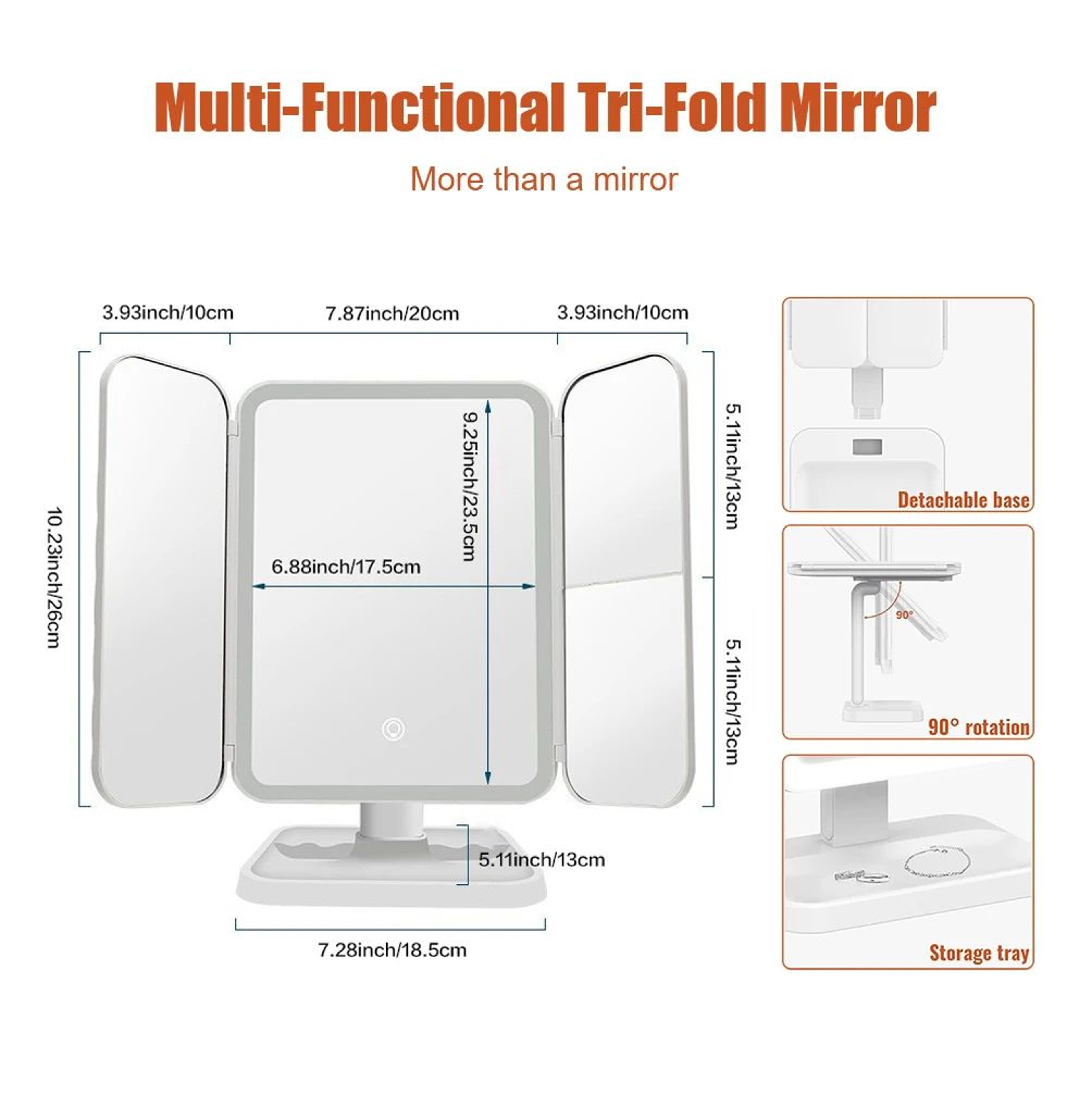 Trifold LED Makeup Mirror With Smart Fill Light For Vanity And Dorm 4