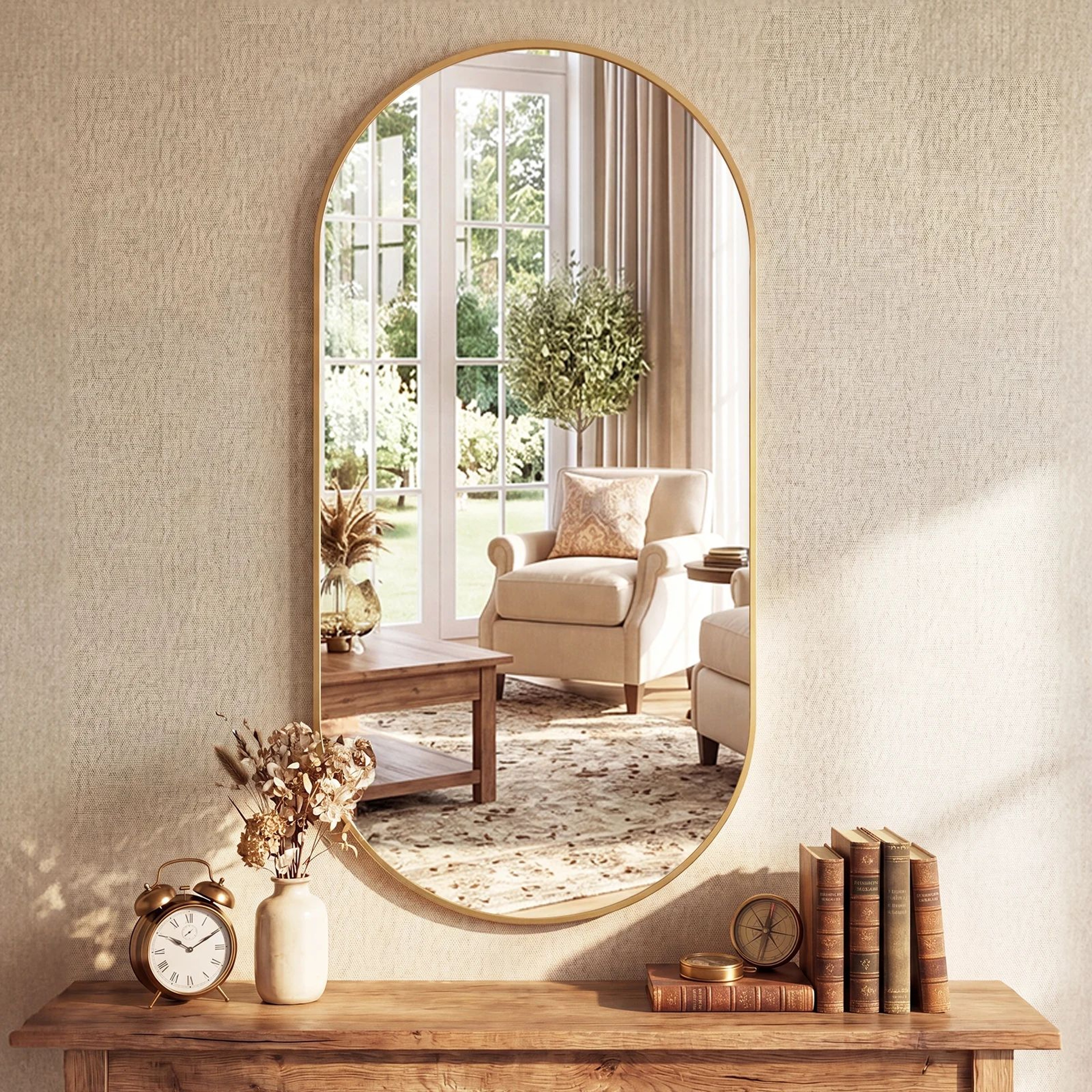 Modern Oval Metal Frame Wall Mirror With Tempered Glass For Bedroom And Living Room 0