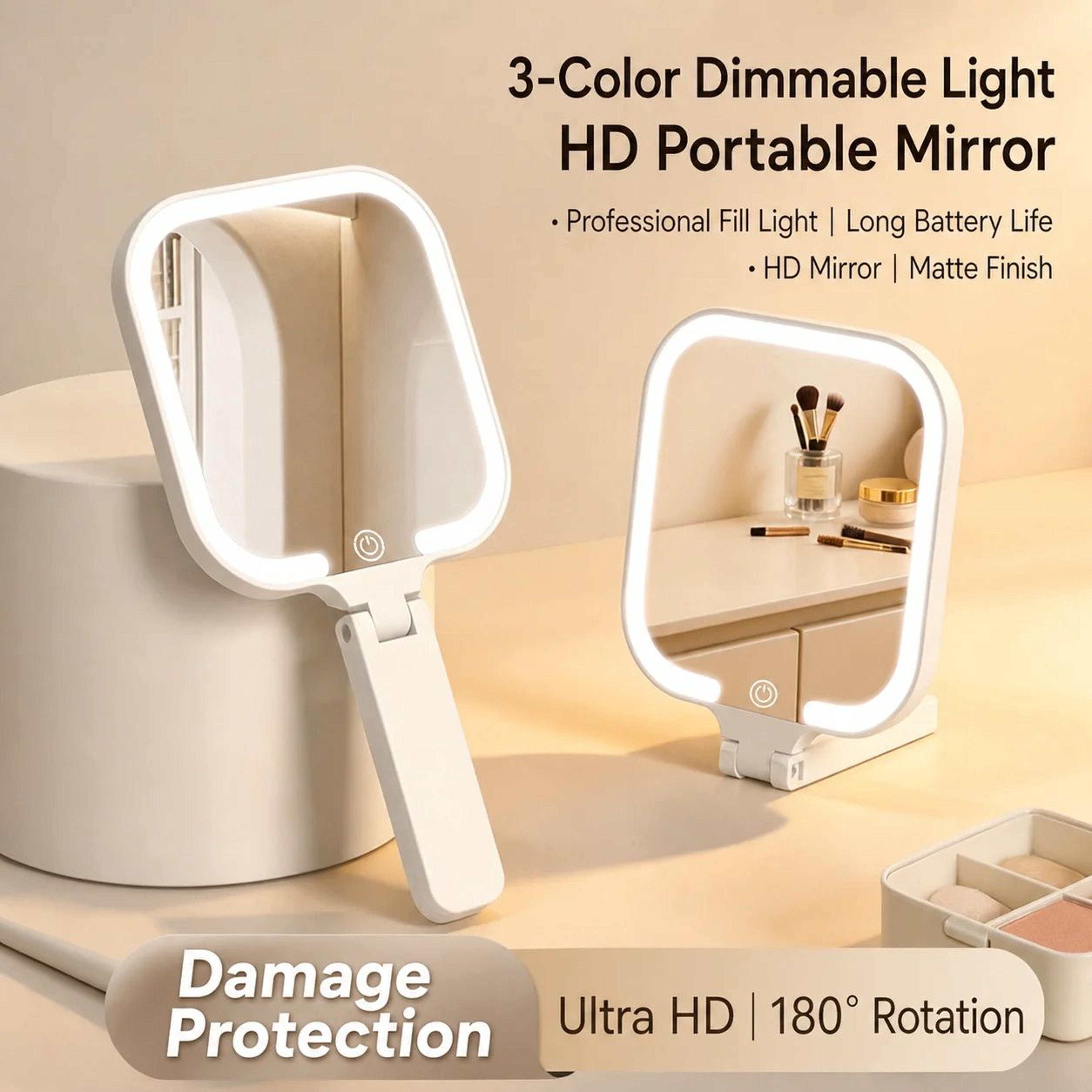 Portable HD LED Makeup Mirror With Dimmable TriColor Light 2