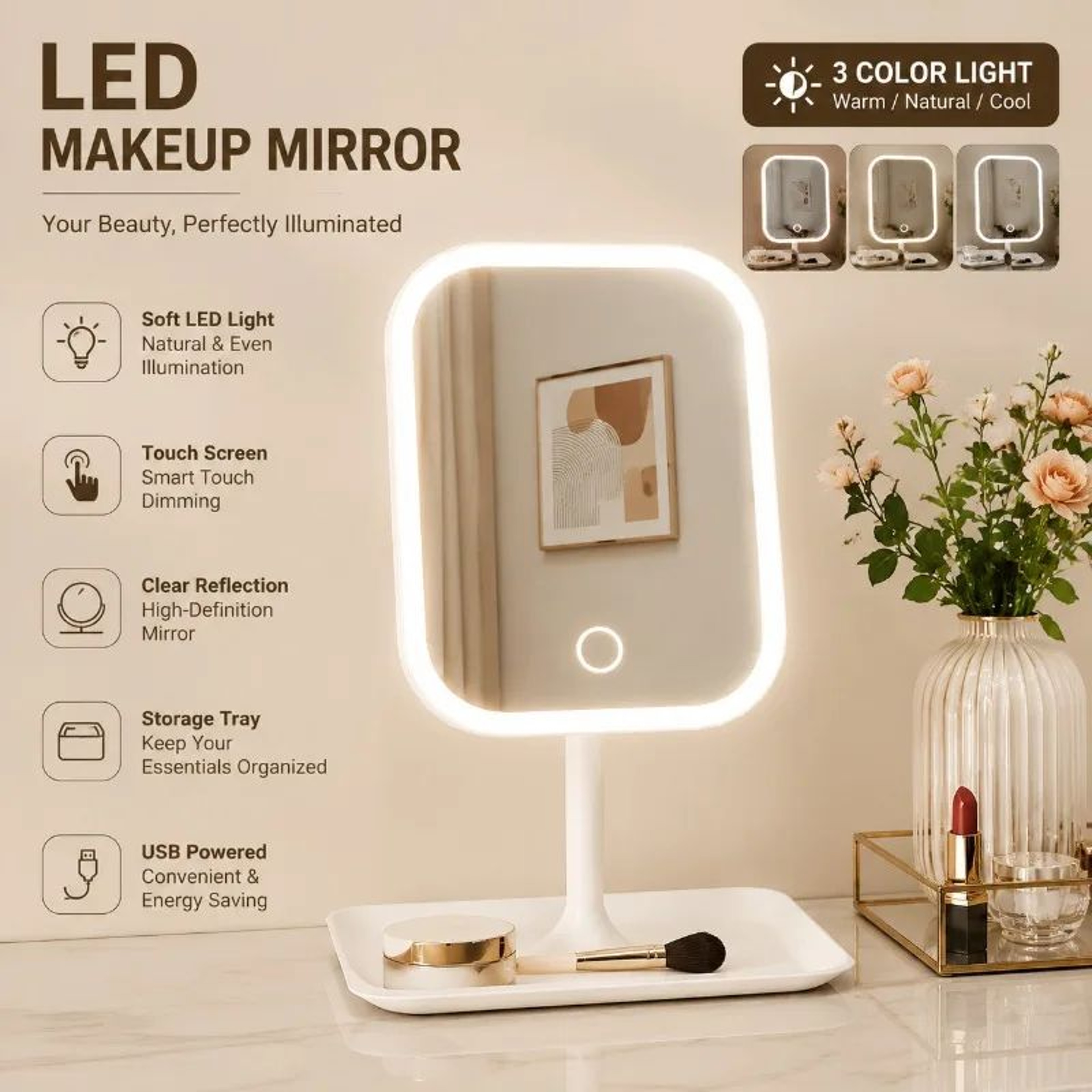 Touch Control LED Makeup Mirror With 3 Dimmable Light Modes 0