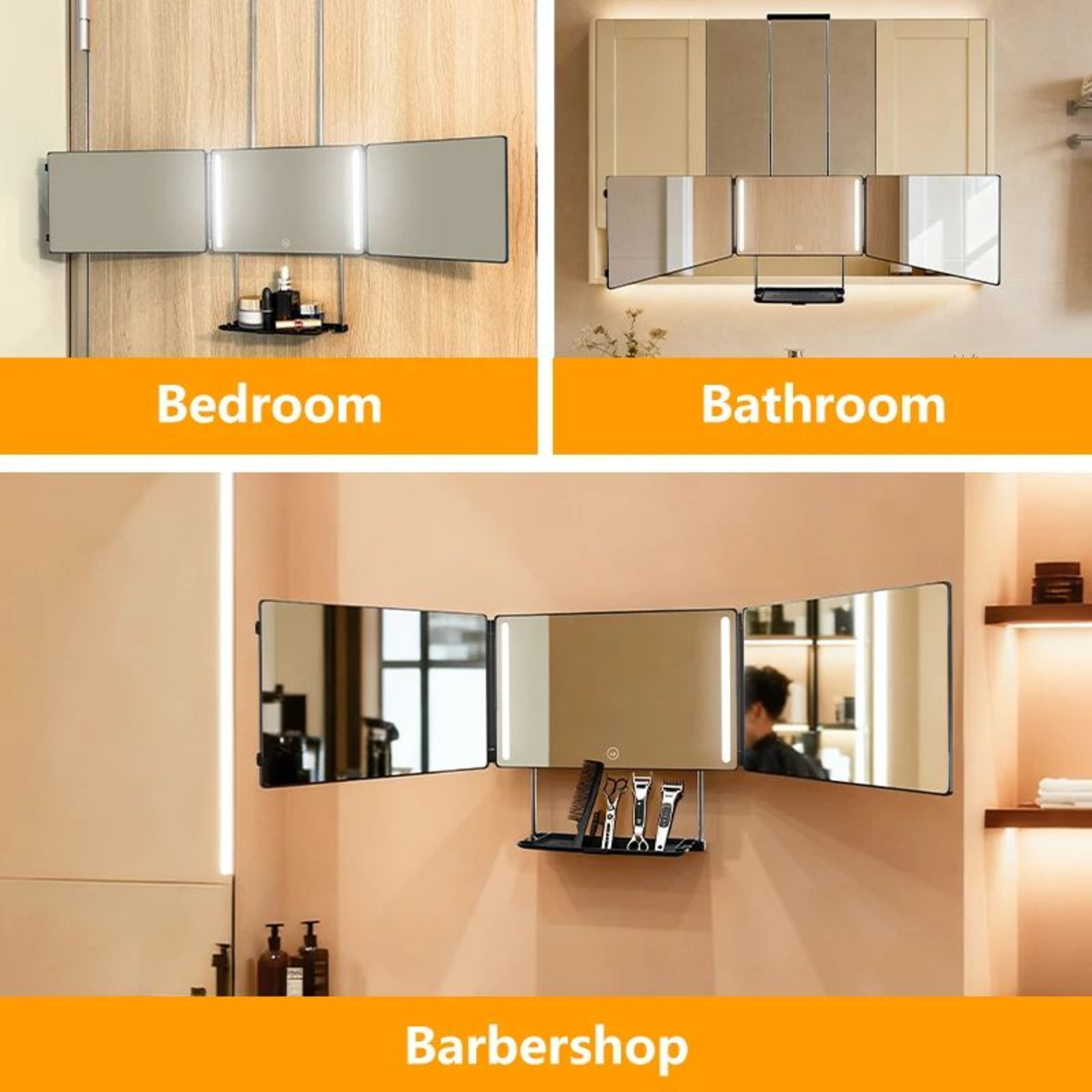 360 Degree 3Way LED Haircut Mirror With Tray Portable Foldable Self Cutting Mirror 3