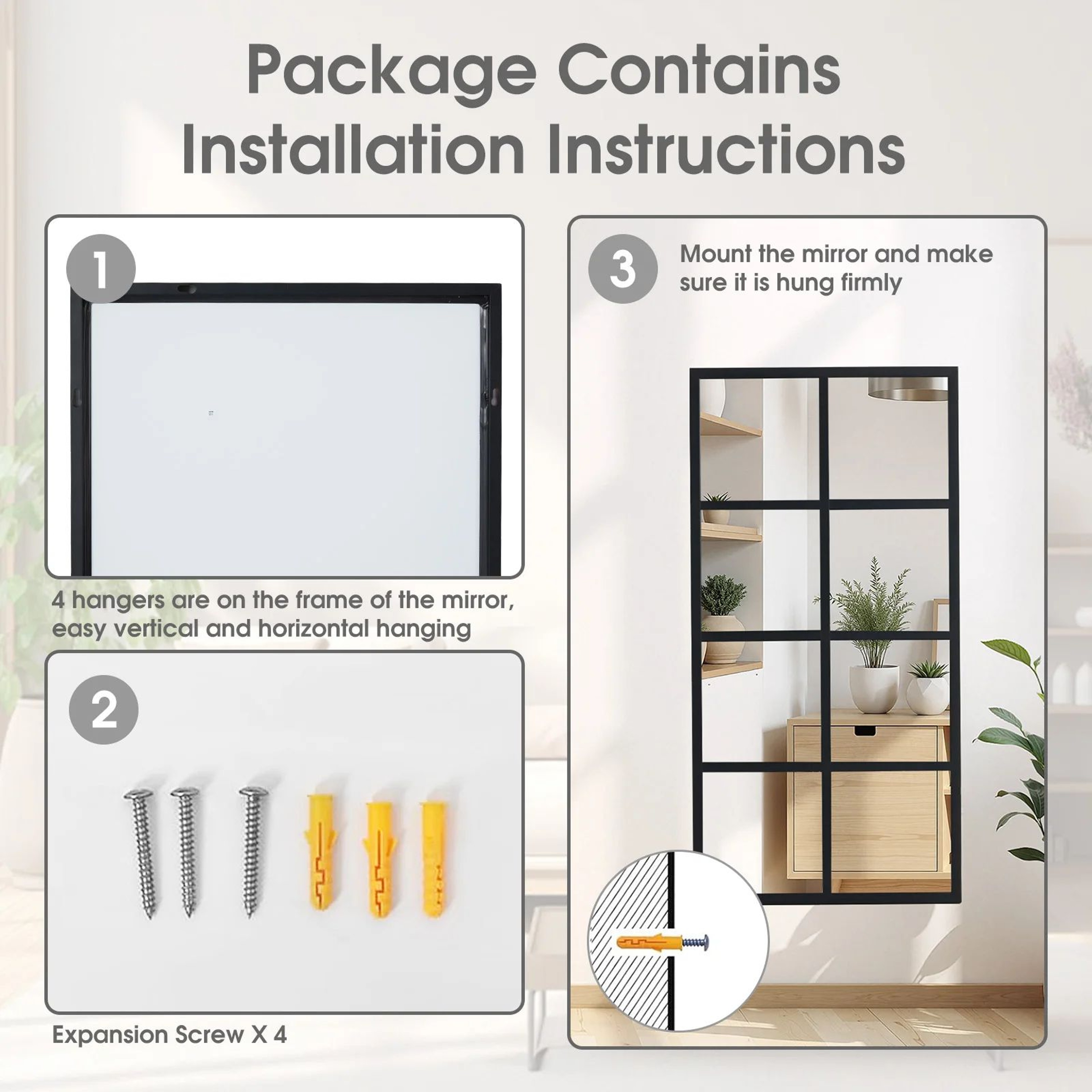 JHK Black Window Pane Wall Mirror With Metal Frame 1