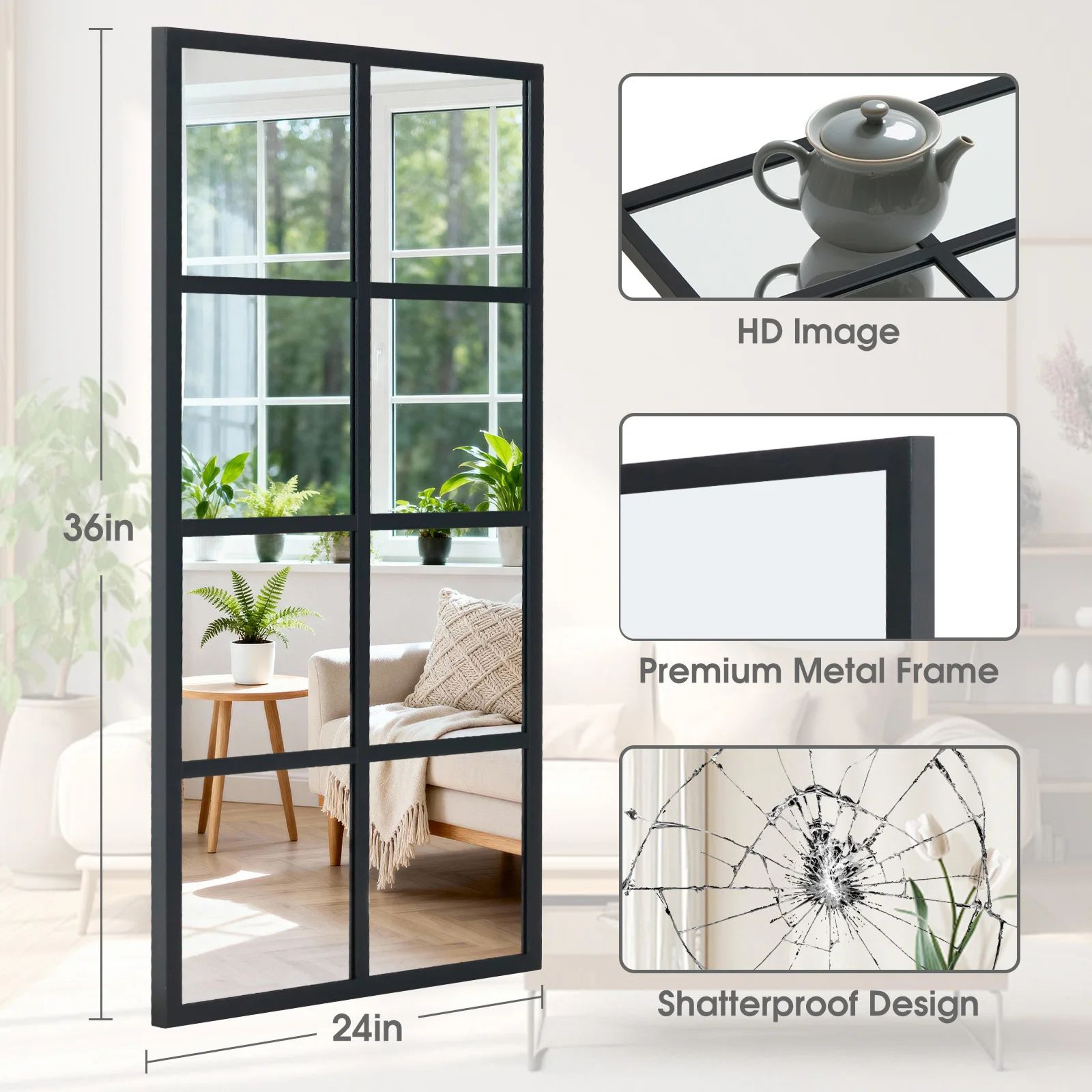 JHK Black Window Pane Wall Mirror With Metal Frame 5