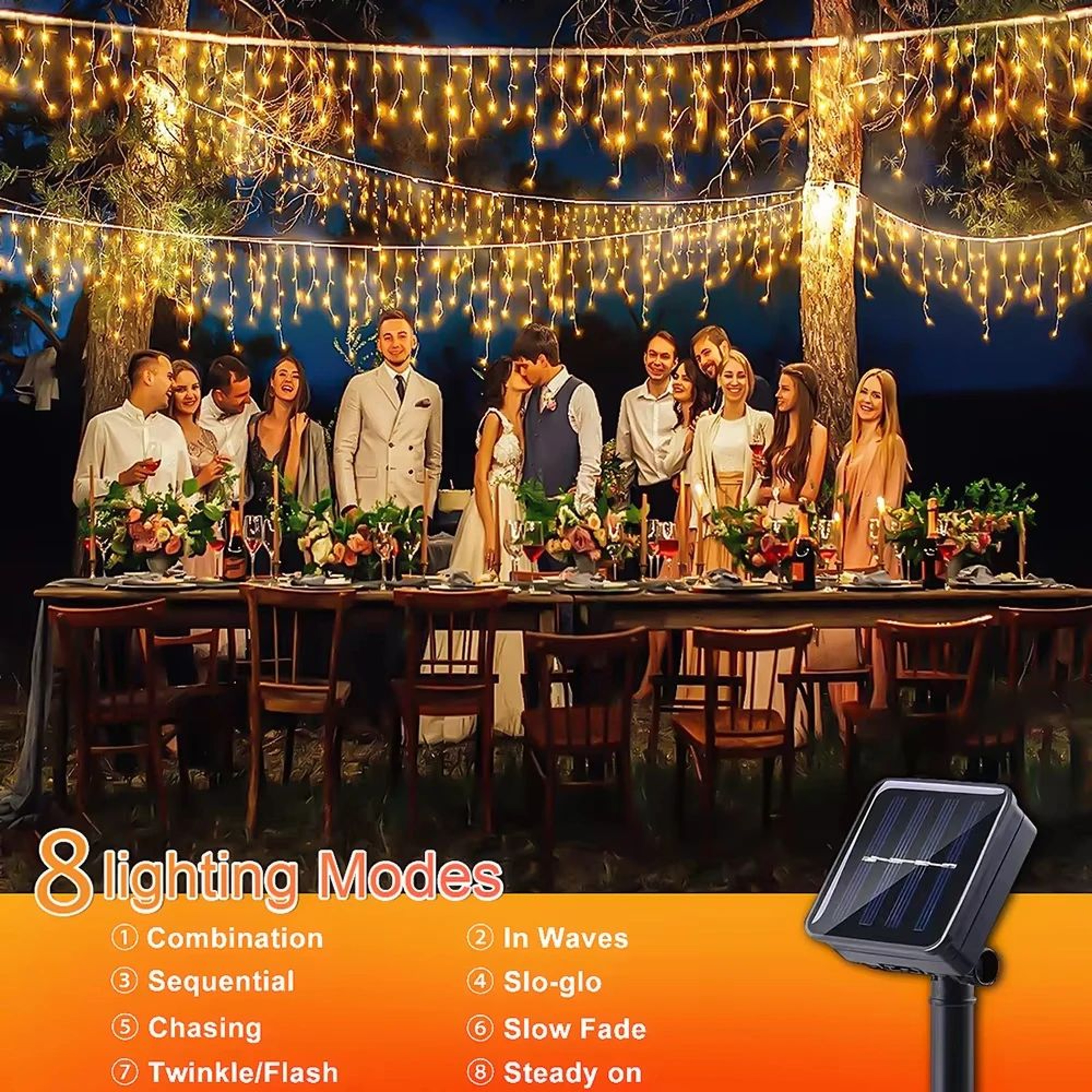 35M 96 LED Solar Icicle String Lights Outdoor Waterproof 8 Mode Curtain Lights 3