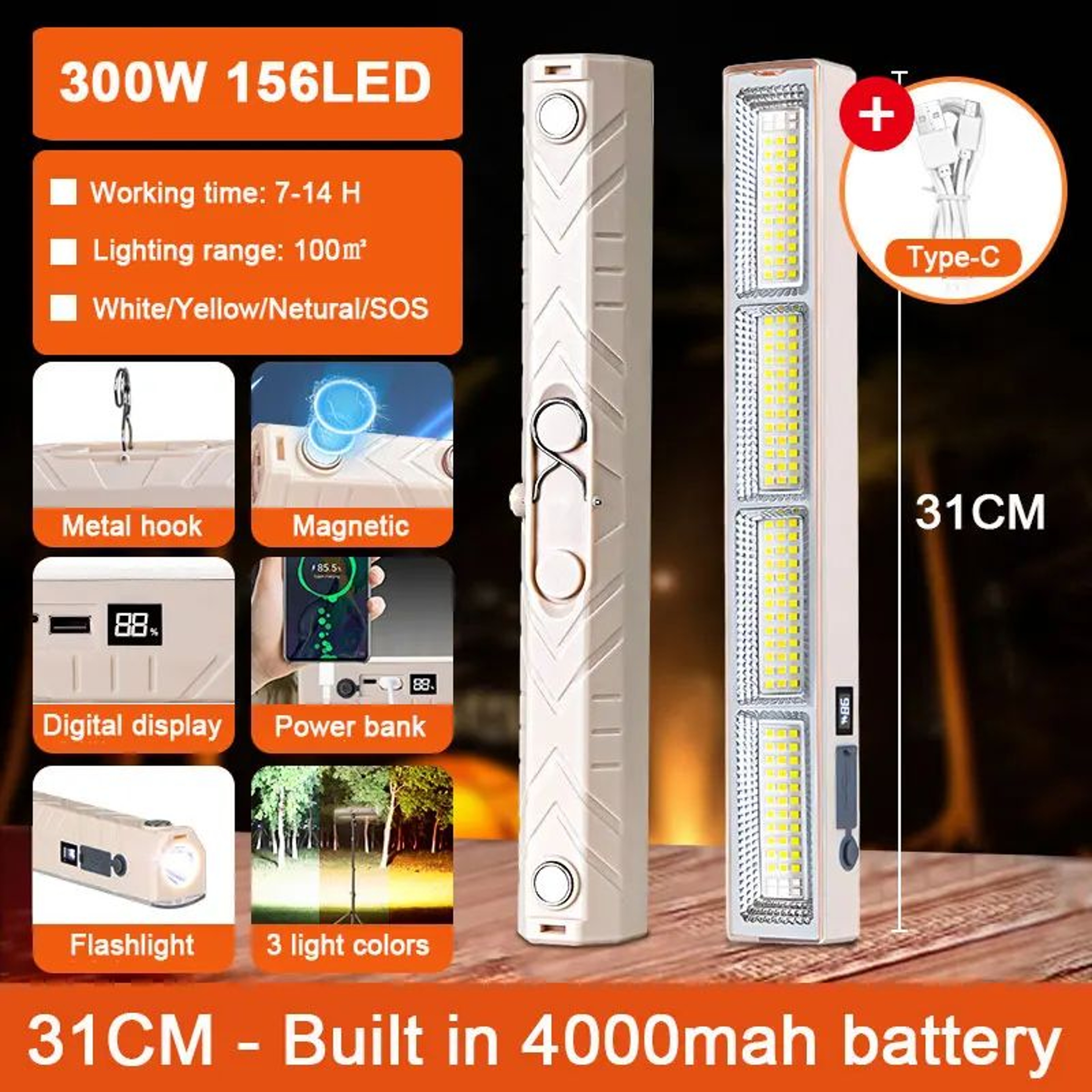 Rechargeable Magnetic LED Work Light Bar With Hook And Red Blue Strobe 6