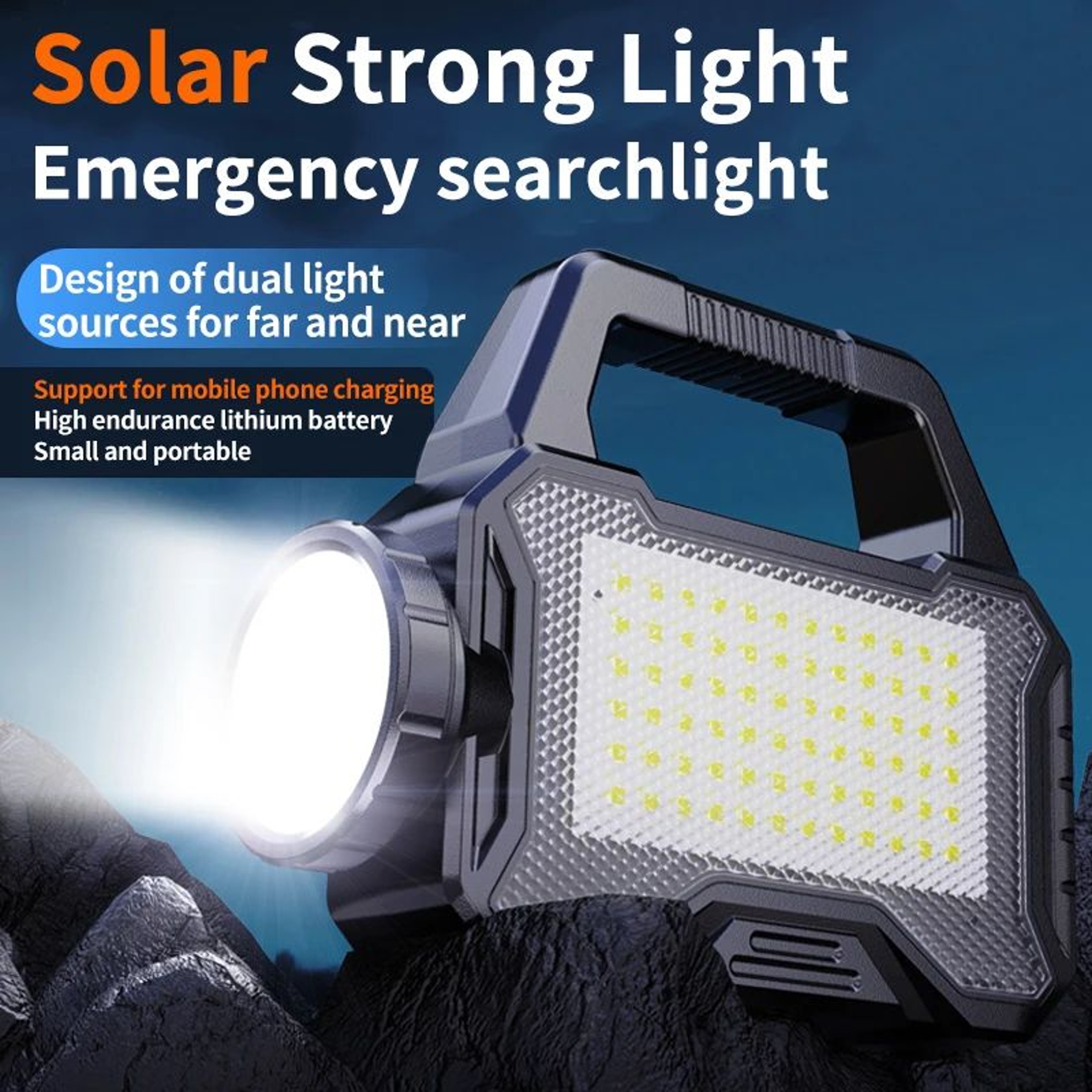 Solar Rechargeable LED Searchlight With COB Side Light And Power Bank 0