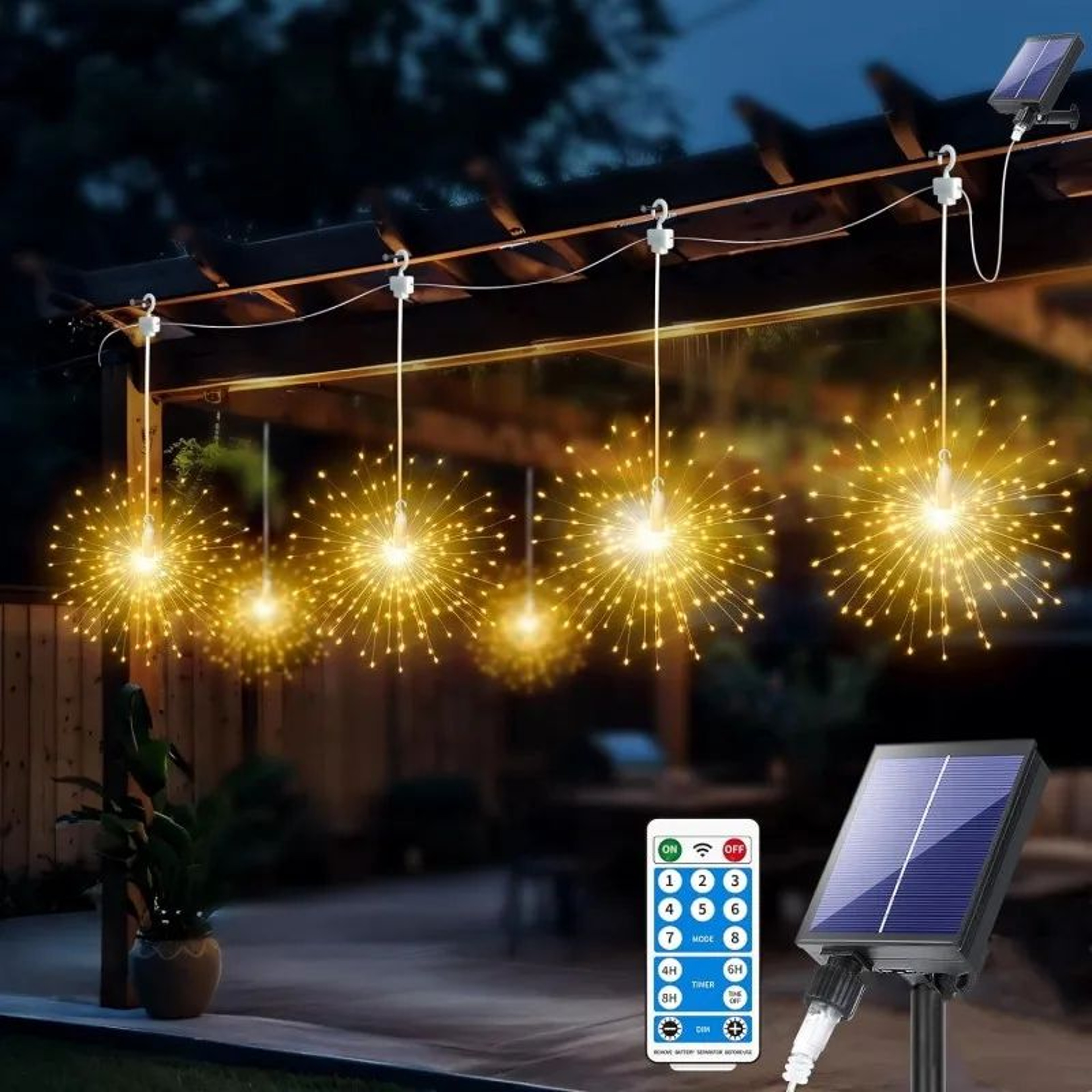 5 Pack 450 LED Solar Firework Lights With Remote 8 Modes And Timer 0