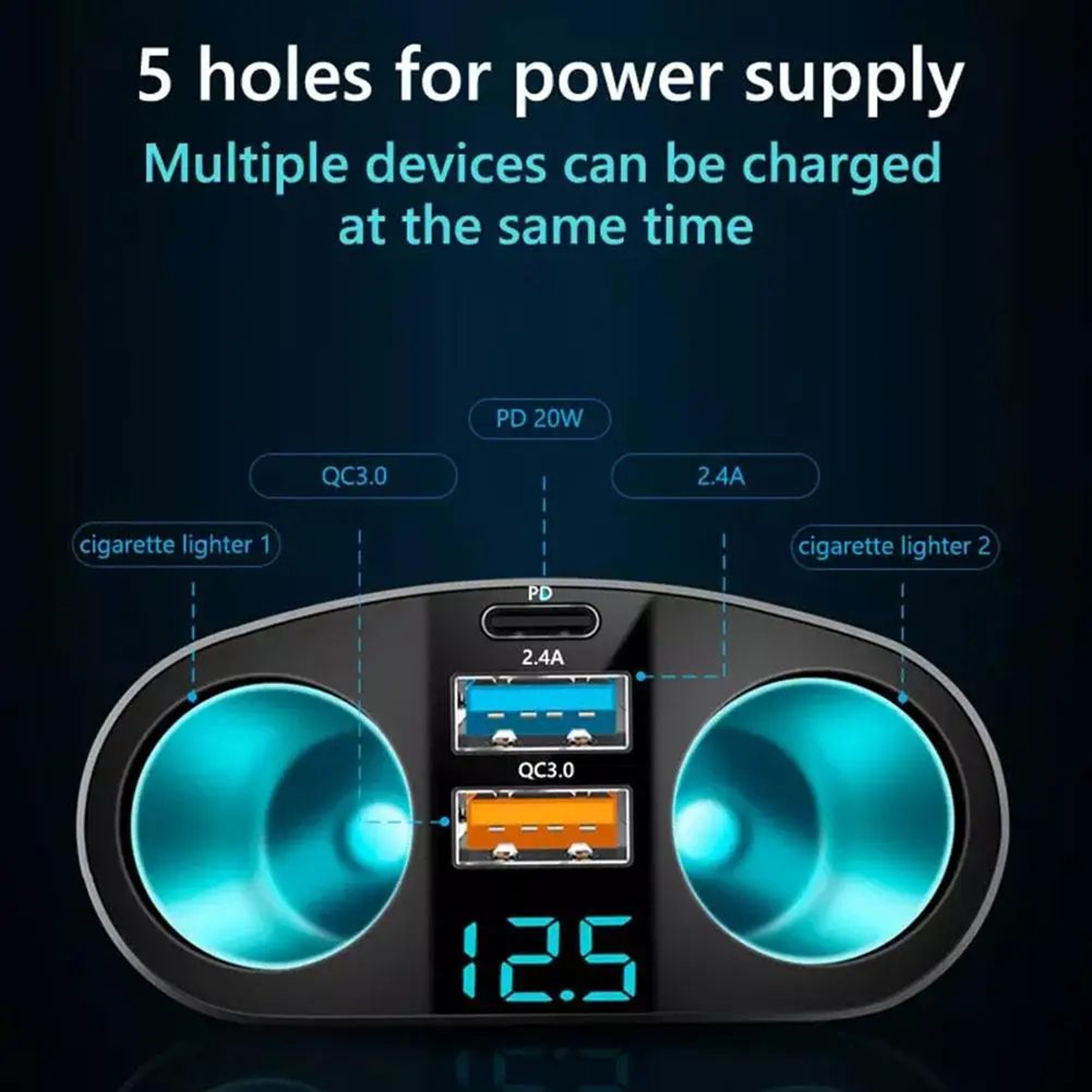 12V24V Car Cigarette Lighter Socket Splitter With PD QC30 Fast Charging And Voltage Display 2