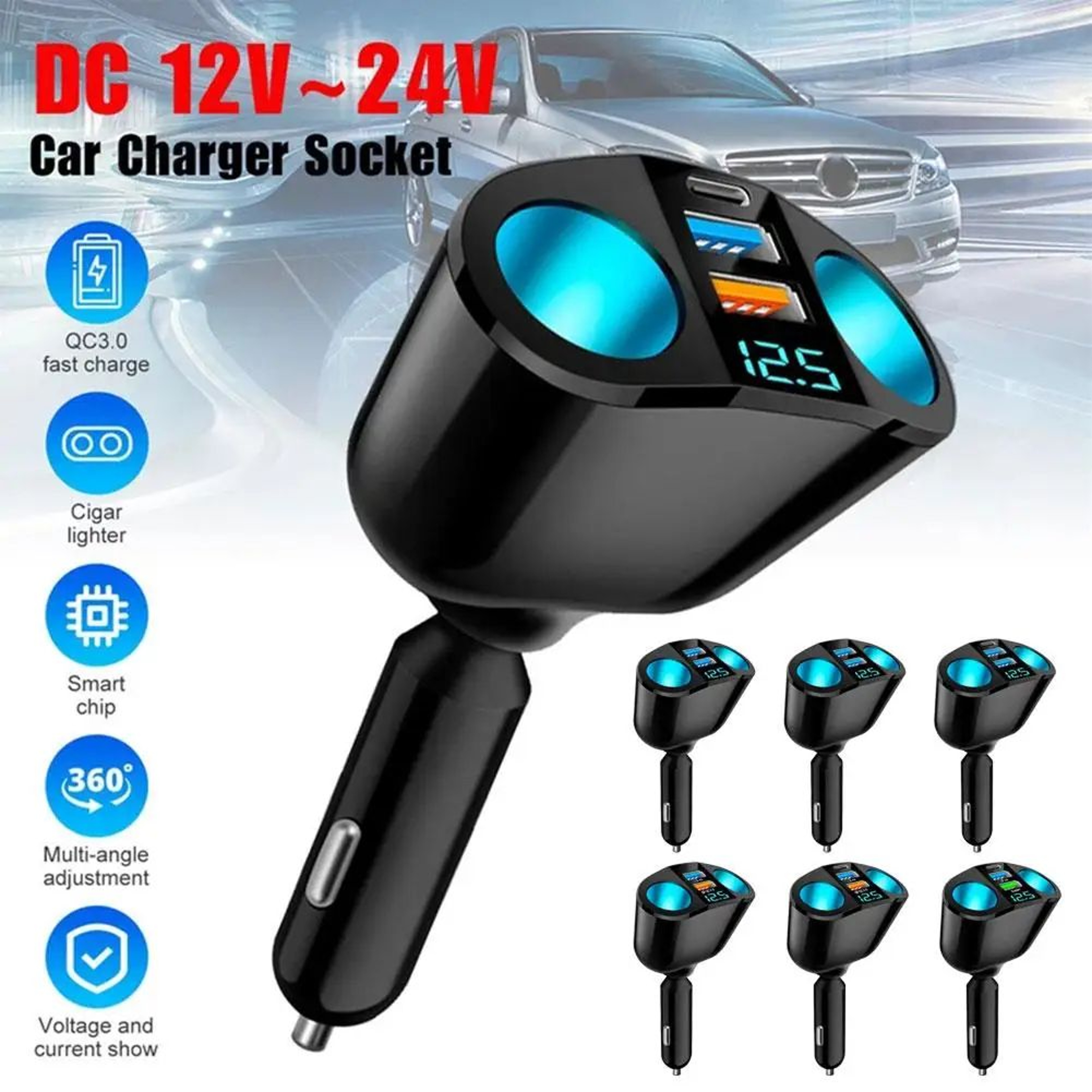 12V24V Car Cigarette Lighter Socket Splitter With PD QC30 Fast Charging And Voltage Display 1
