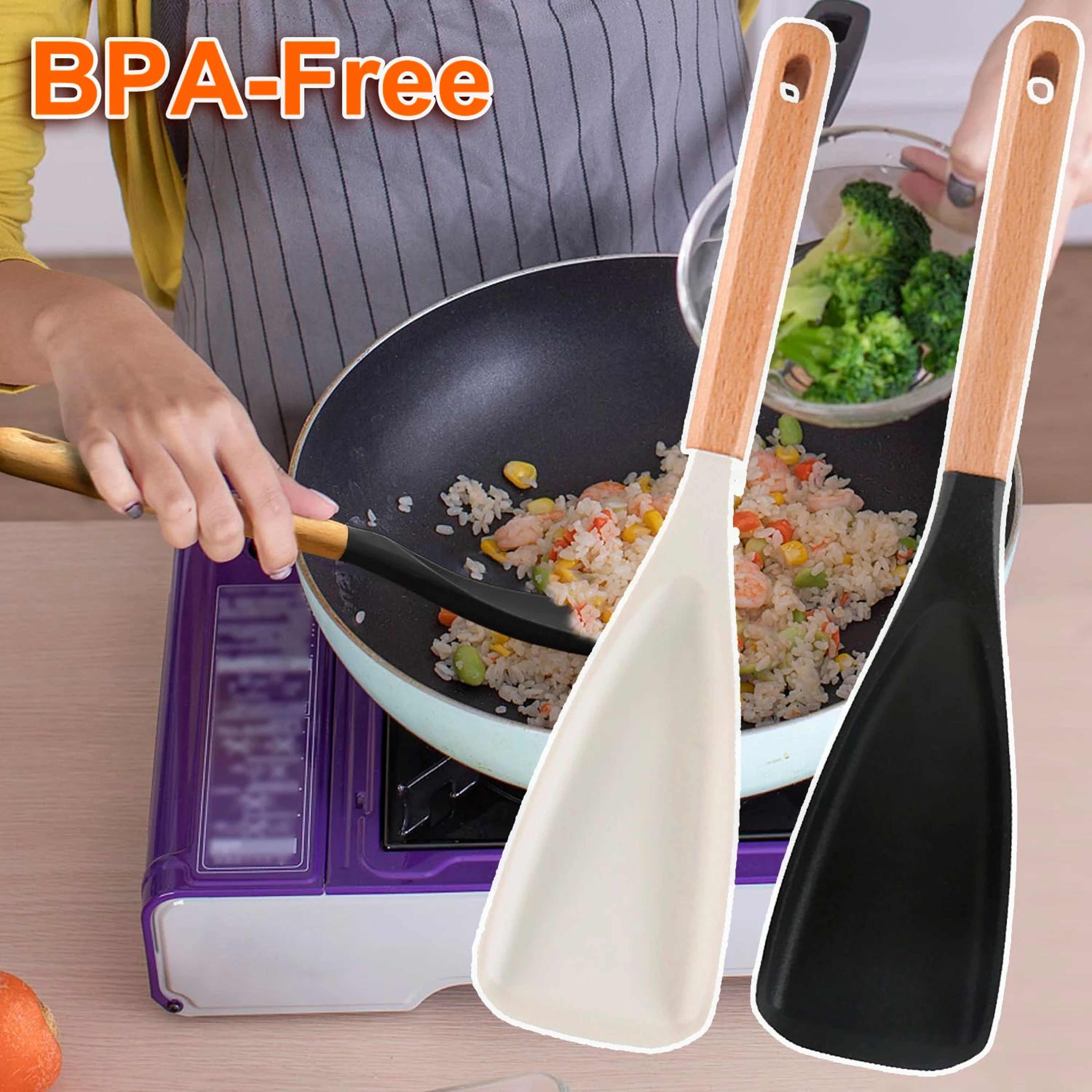 Silicone Cooking Spoon With Wood Handle For Nonstick Cookware And Rice Scooping 0
