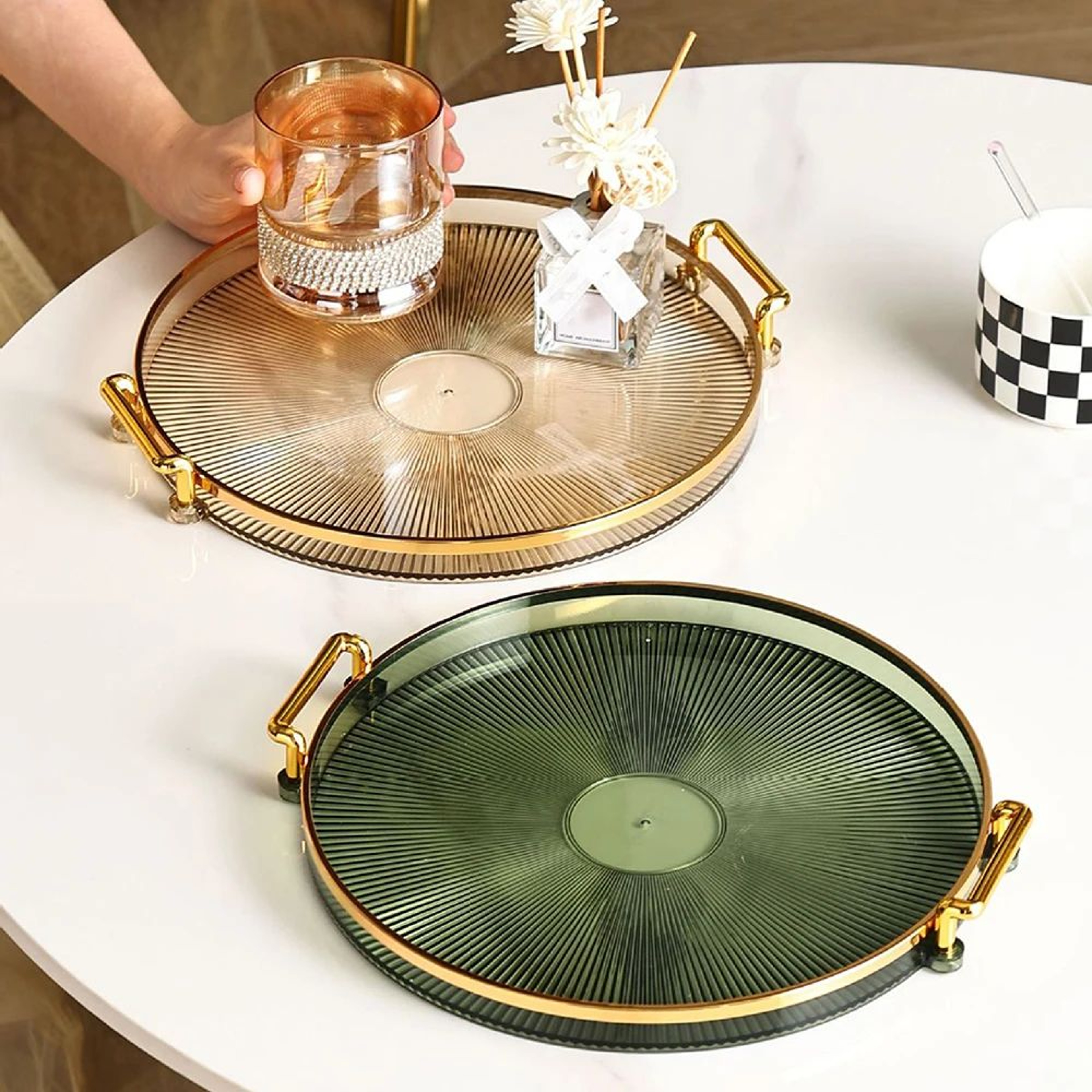 Round Acrylic Serving Tray With Handles For Coffee Table Kitchen And Bathroom 1