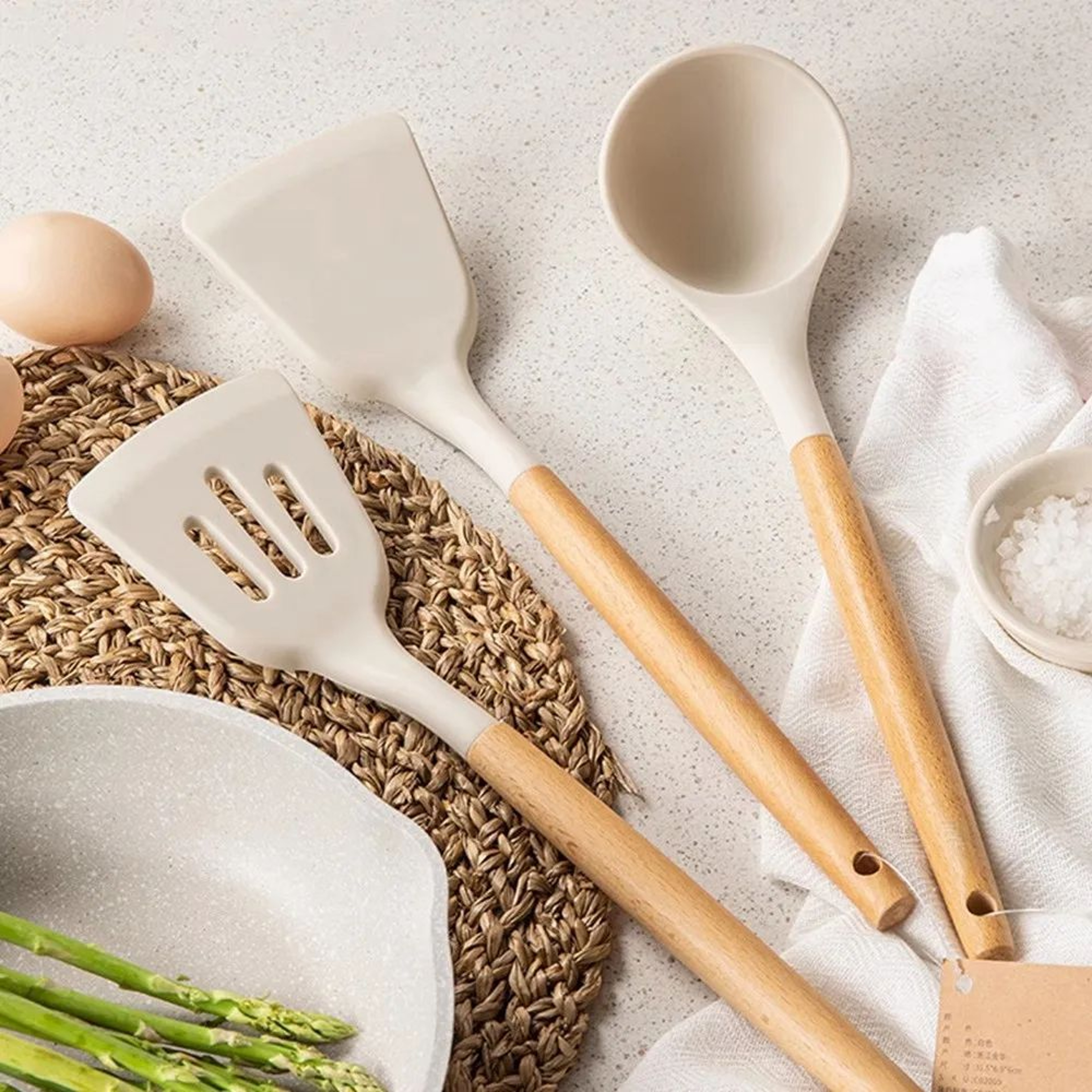 Wooden Handle Silicone Cooking Utensils For NonStick Cookware 0