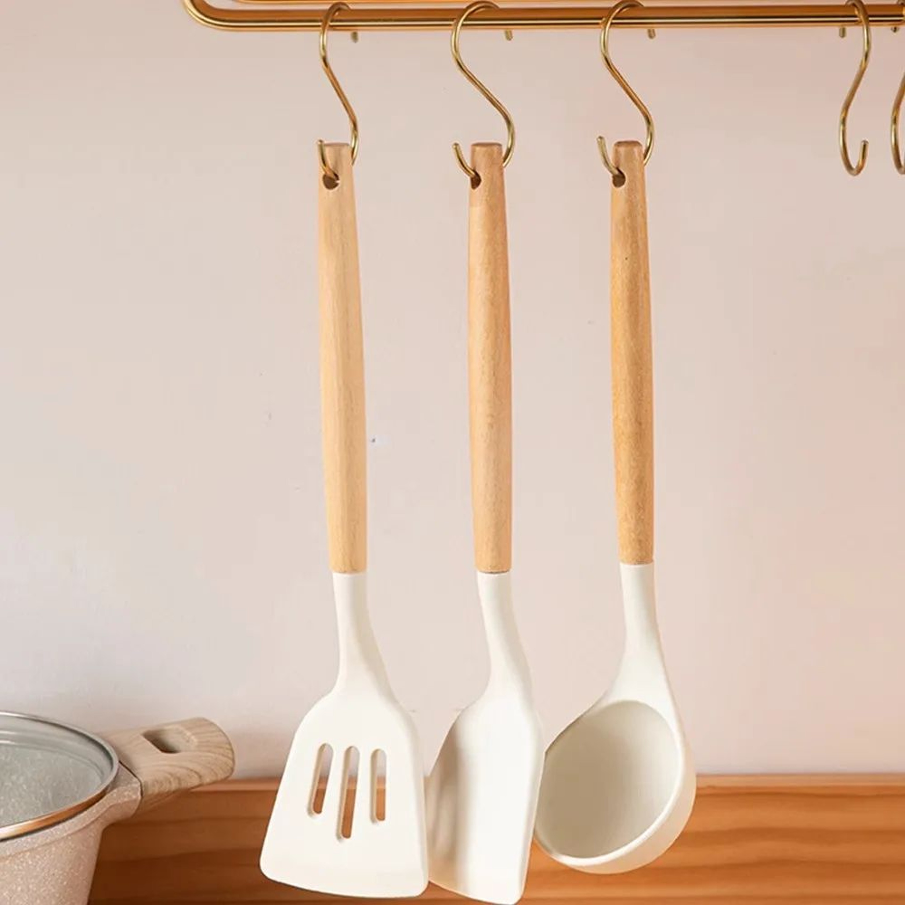 Wooden Handle Silicone Cooking Utensils For NonStick Cookware 3